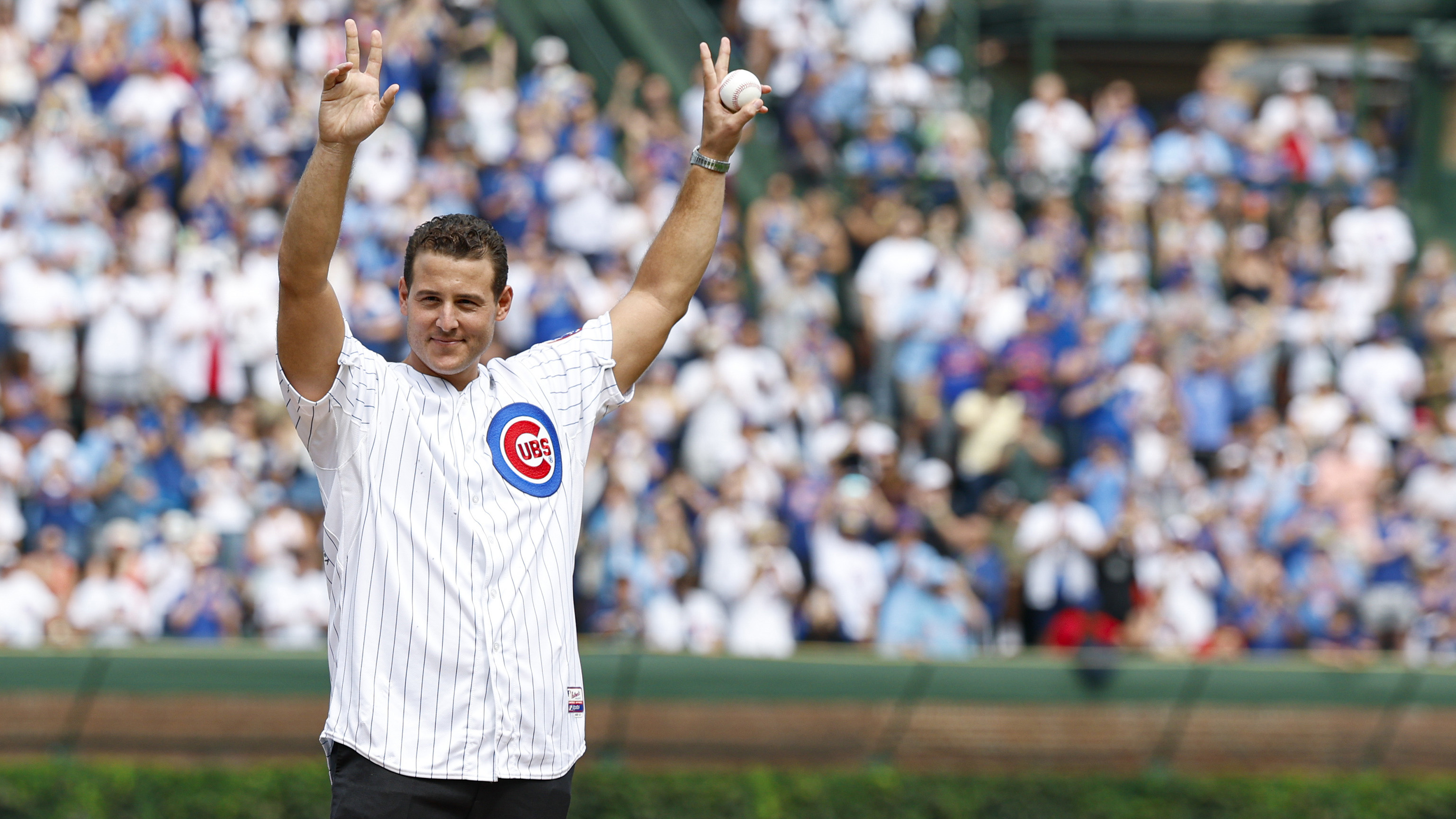Former Chicago Cubs player Anthony Rizzo threw out the ceremonial first pitch before a baseball game between the Chicago Cubs and Tampa Bay Rays, Saturday, Sept. 13, 2025.