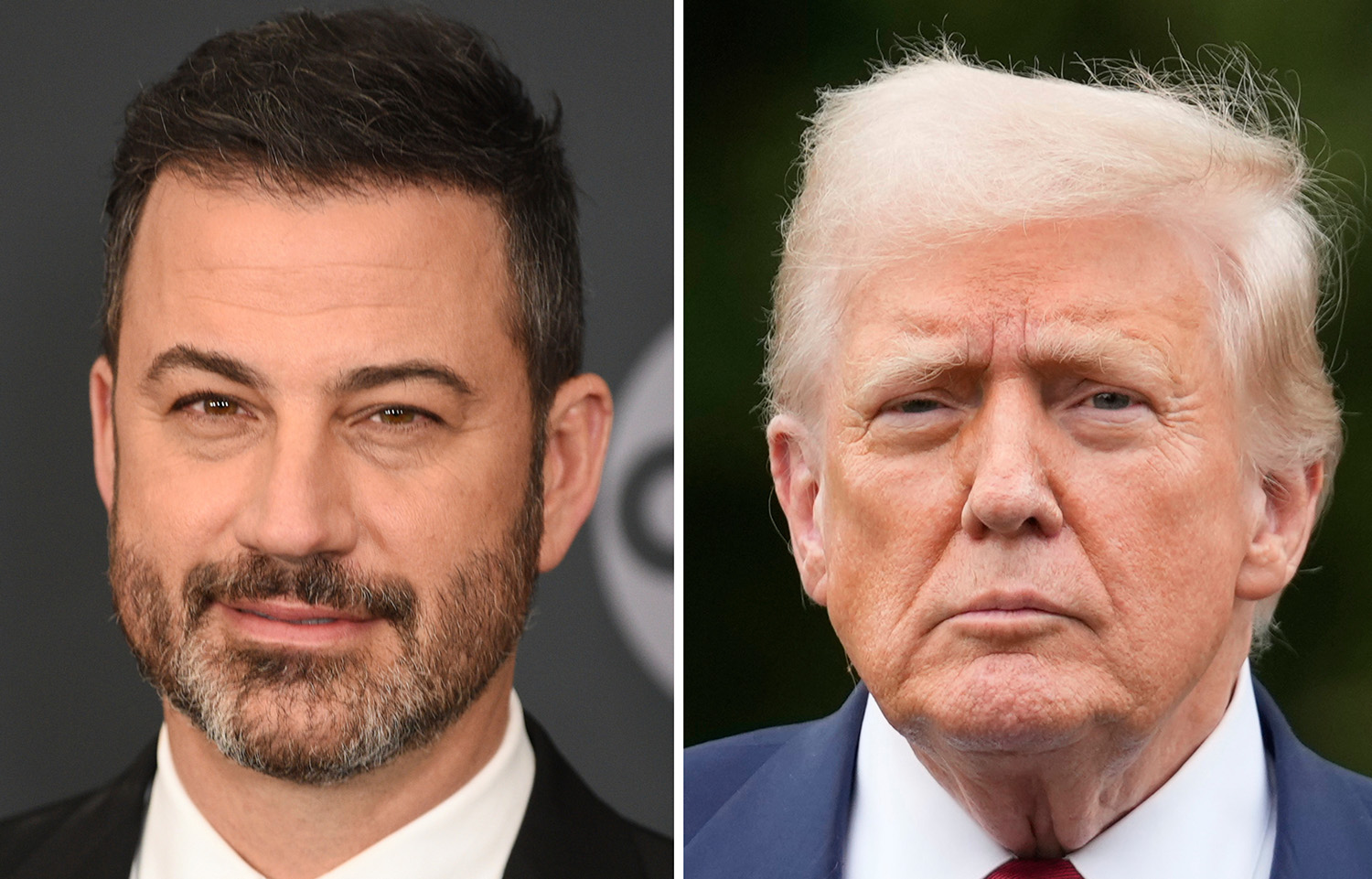 Jimmy Kimmel appears at the Walt Disney Television upfront in New York on May 14, 2019, left, and President Donald Trump appears on the South Lawn of the White House on Aug. 1, 2025, in Washington.