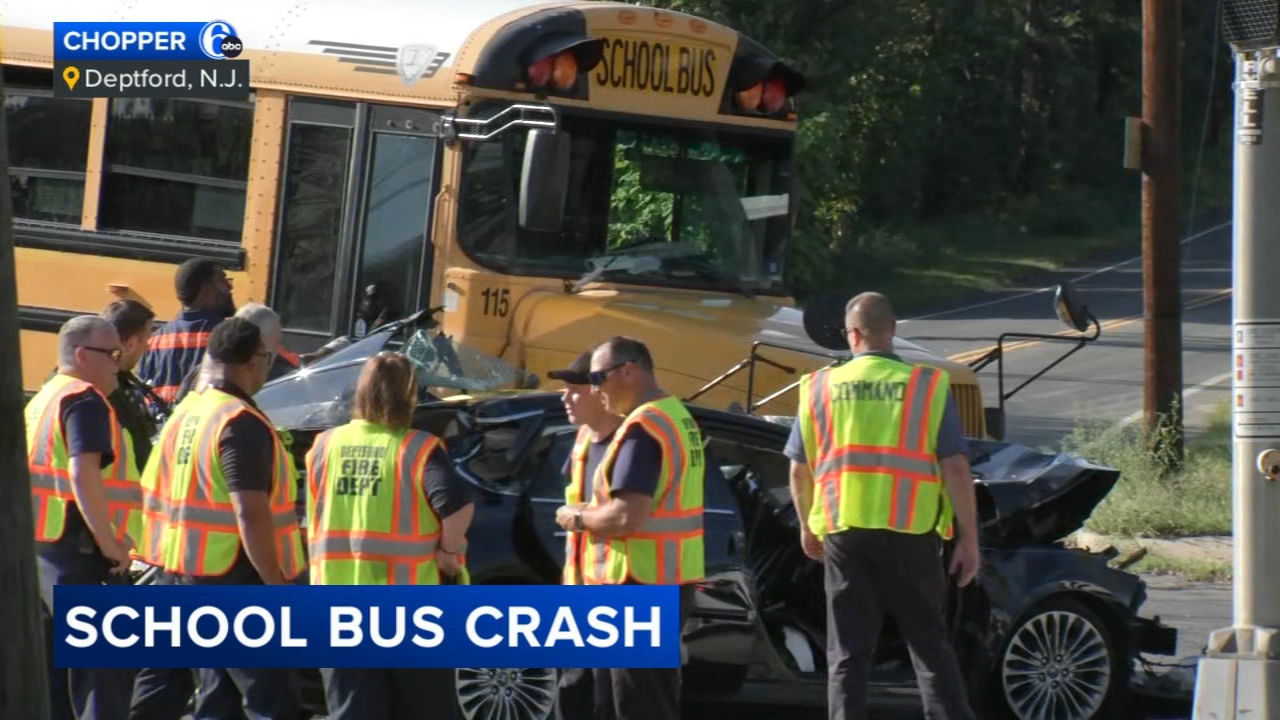 Car mangled after collision with school bus in South Jersey