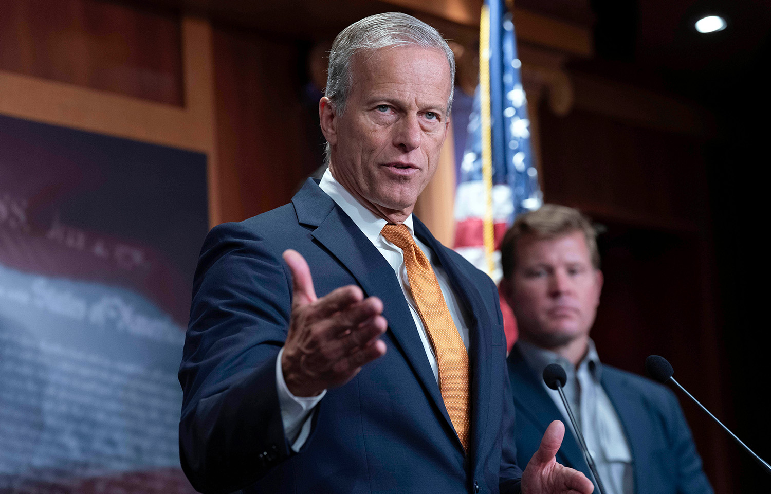 Senate Majority Leader John Thune, R-S.D., speaks during a news conference on Capitol Hill in Washington, Friday, Sept. 19, 2025.
