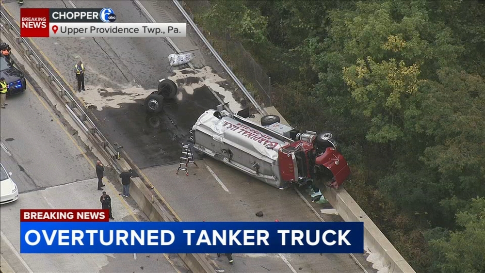 Overturned tanker truck causes fuel spill on Route 1 Bypass in Upper Providence Twp.