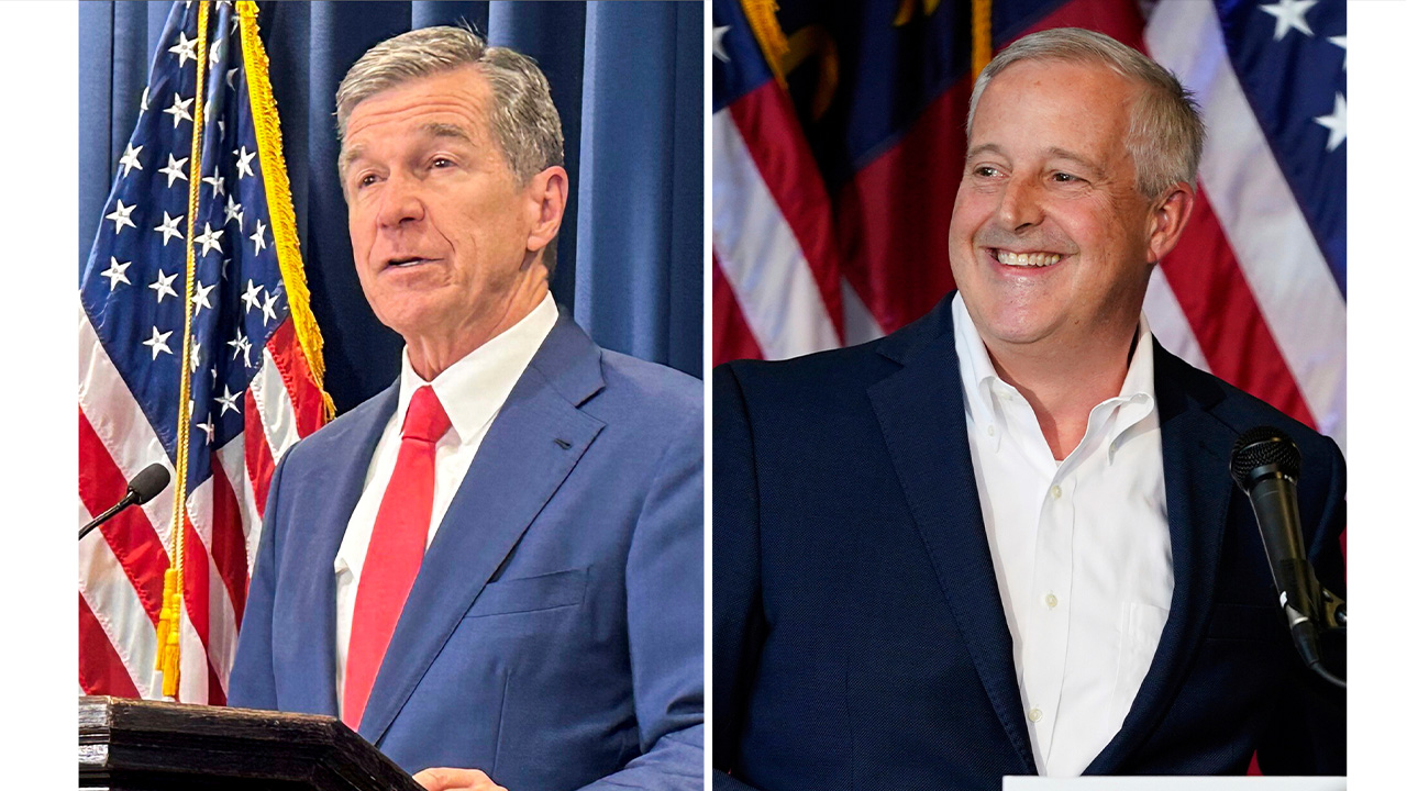 North Carolina Gov. Roy Cooper, in Raleigh, N.C., Oct. 23, 2024, left, and Republican National Committee Chairman Michael Whatley, in Gastonia, N.C., July 31, 2025, right.