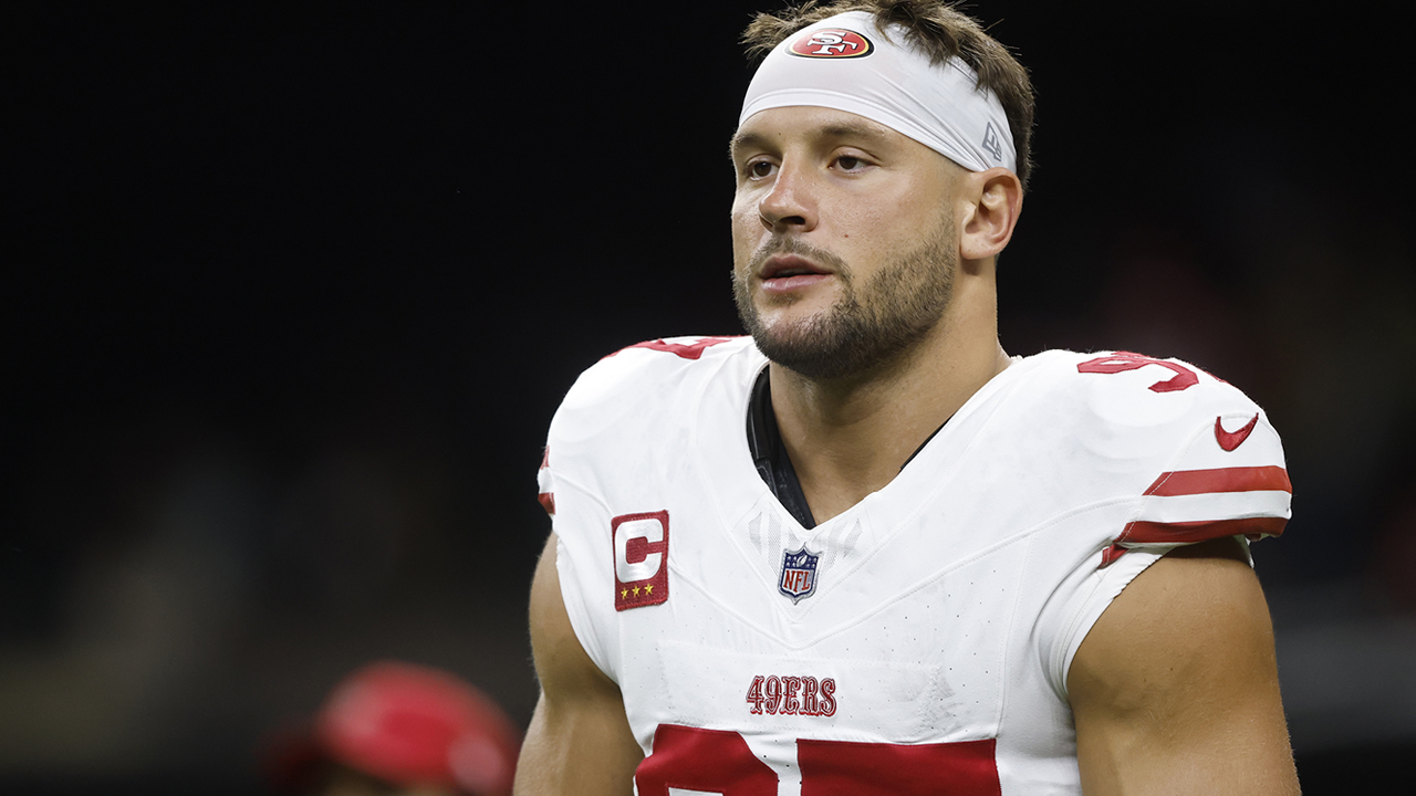 San Francisco 49ers defensive end Nick Bosa before the first half of an NFL football game against the New Orleans Saints, Sunday, Sept. 14, 2025, in New Orleans.