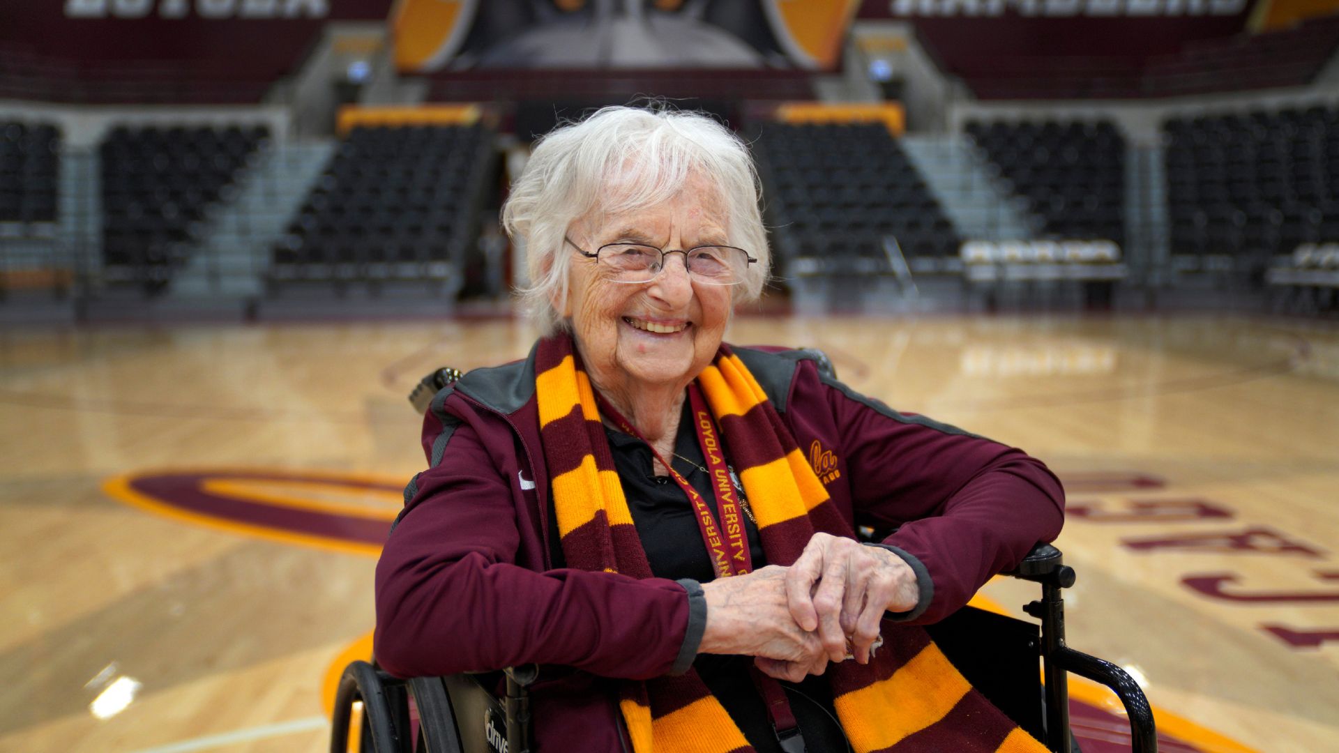 Sister Jean Dolores Schmidt, the Loyola University men's basketball chaplain, sits for a portrait in The Joseph J. Gentile Arena, on Monday, Jan. 23, 2023, in Chicago.