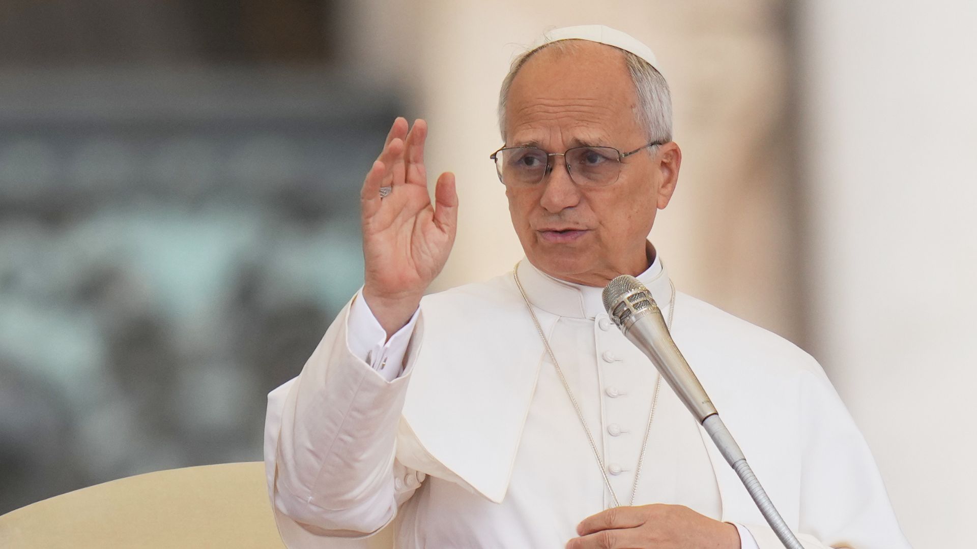 Pope Leo XIV delivers a blessing during the weekly general audience in St. Peter's Square, at the Vatican, Wednesday, Sept. 24 2025.