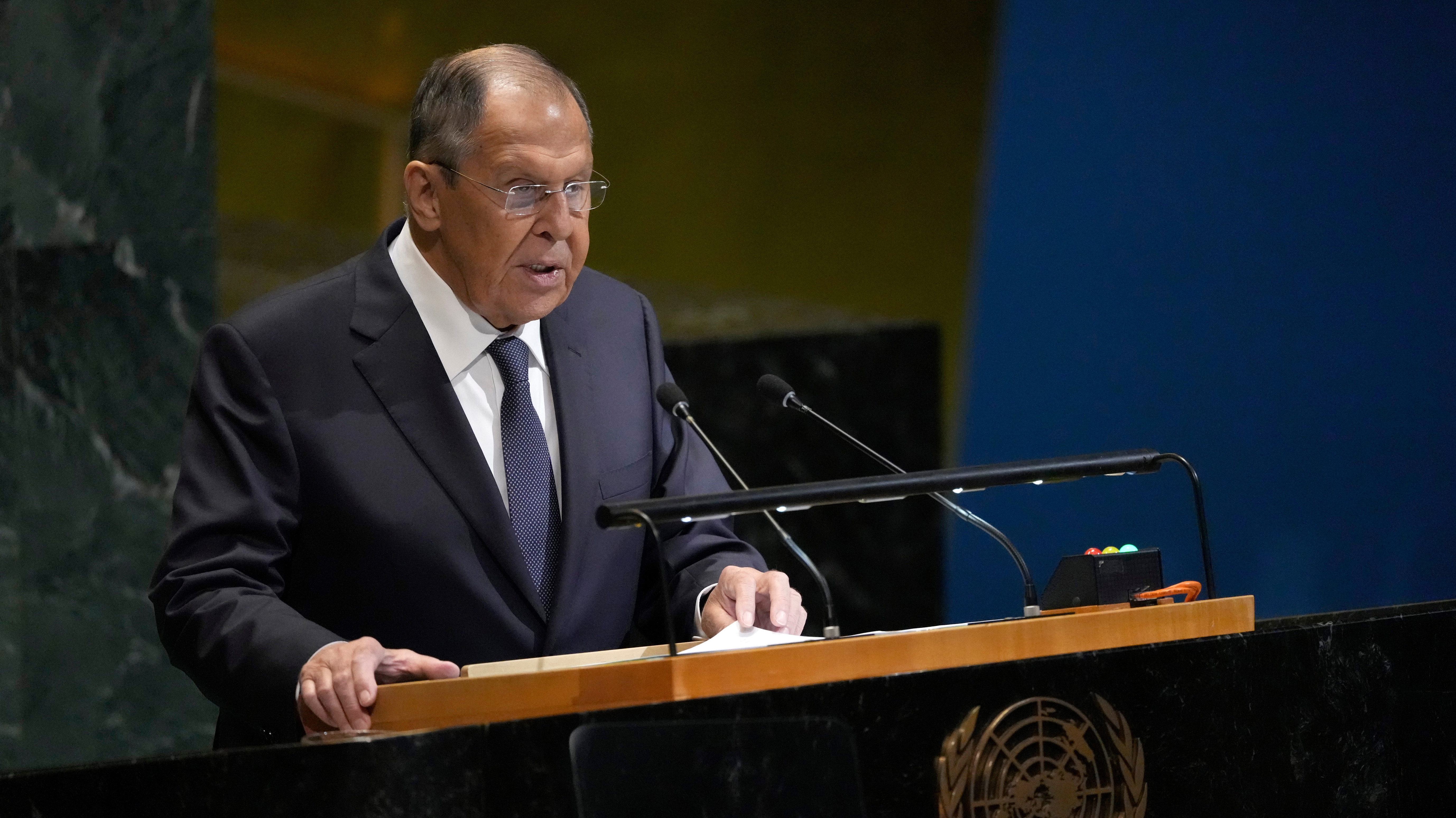 Russia's Minister for Foreign Affairs Sergey Lavrov addresses the 80th session of the United Nations General Assembly, Saturday, Sept. 27, 2025, at U.N. headquarters.