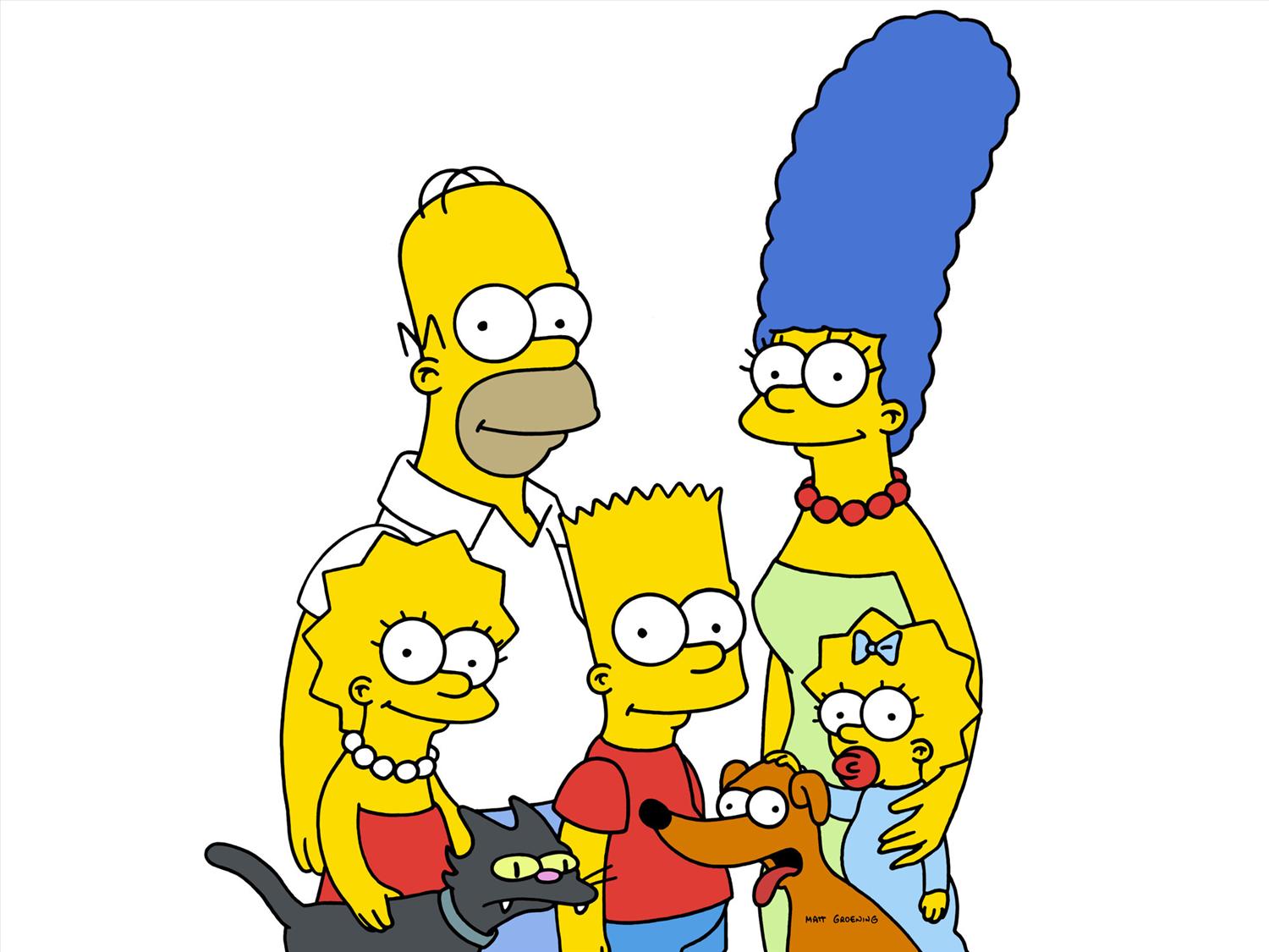 The Simpsons: Lisa, Snowball, Homer, Bart, Santa's Little Helper, Marge and Maggie (l-r)