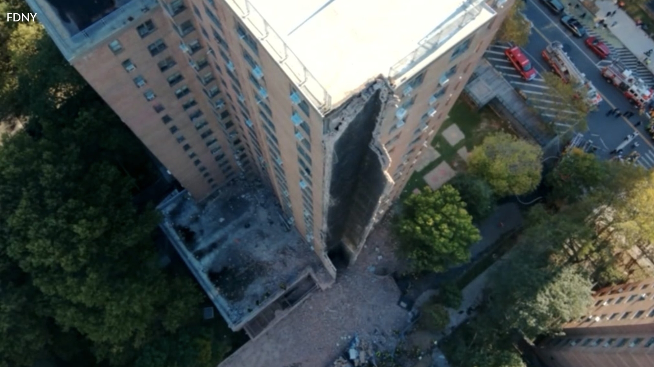A birds eye drone photo provided of the partial building collapse in the Bronx by the FDNY.