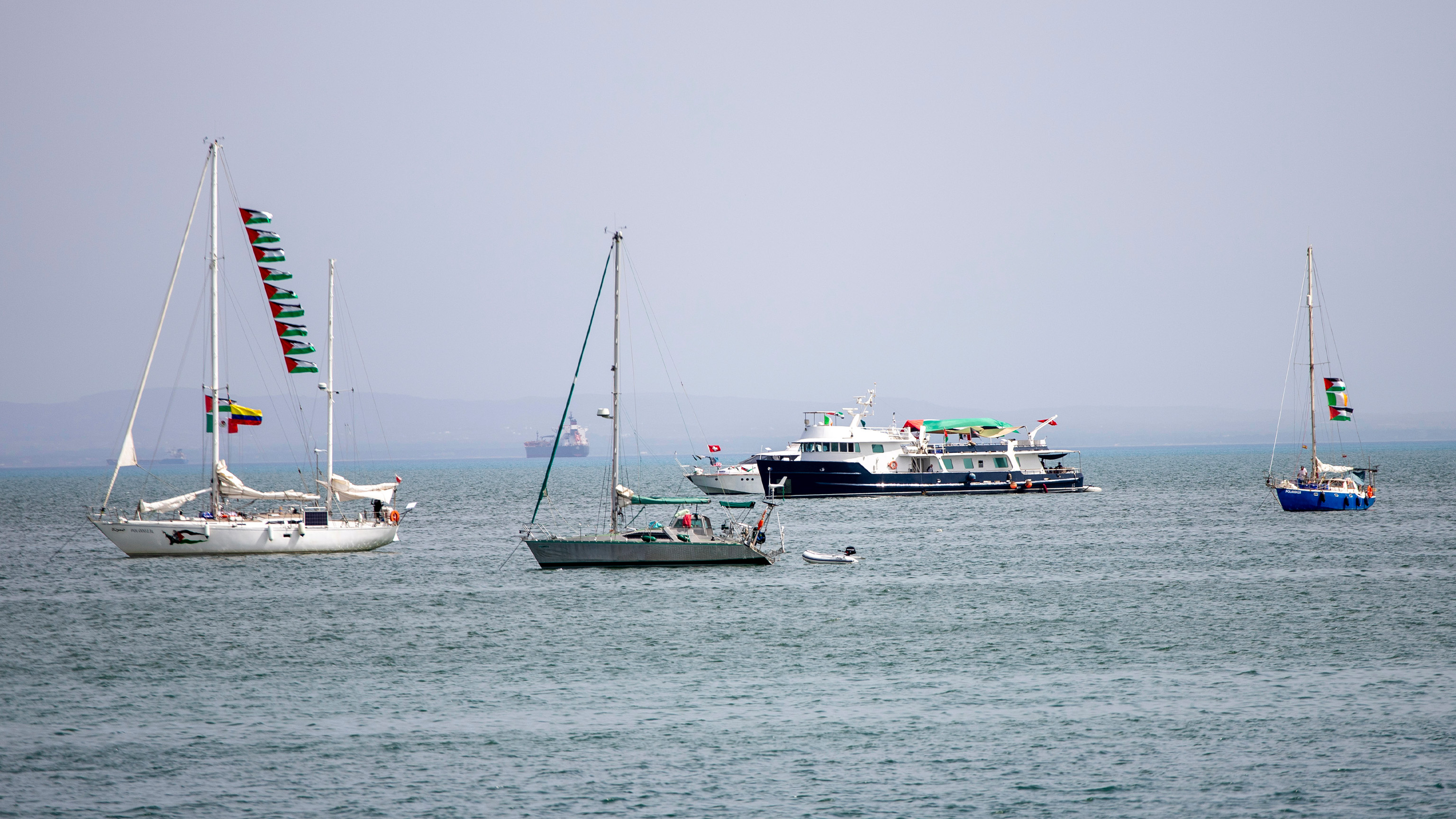 FILE -- Ships that are part of the Global Sumud Flotilla heading to Gaza are anchored off the coast of of Sidi Bou Saïd in Tunis, Tunisia, Tuesday, Sept. 9, 2025.