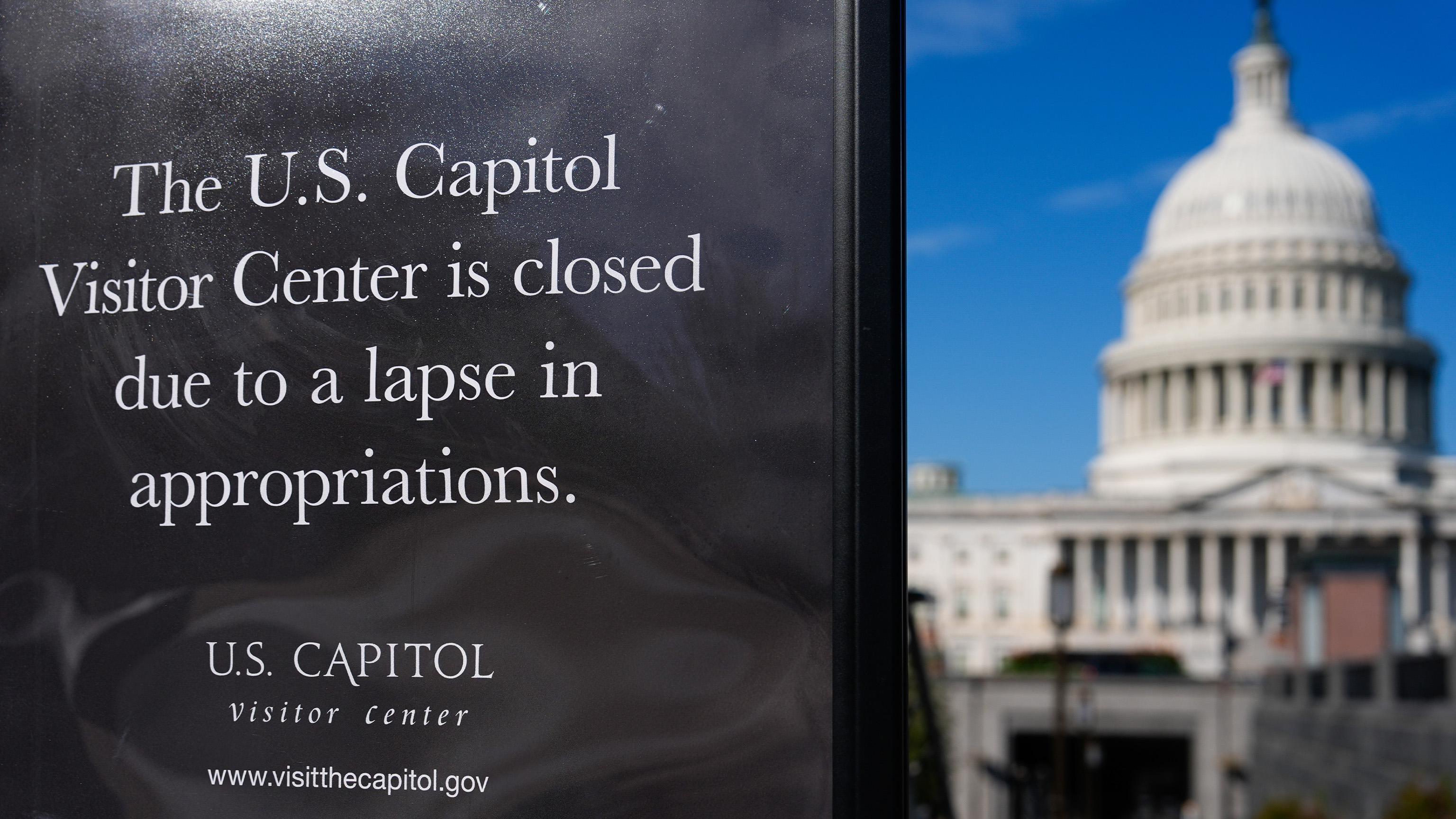 A sign announces that the U.S. Capitol Visitor Center is closed, on the first day of a partial government shutdown, Wednesday, Oct. 1, 2025, in Washington.
