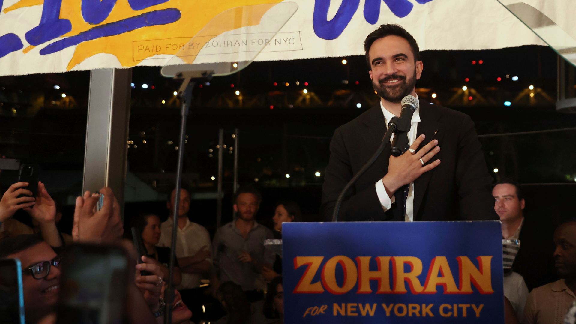 Democratic mayoral candidate Zohran Mamdani takes the stage at his primary election party, Wednesday, June 25, 2025, in New York.