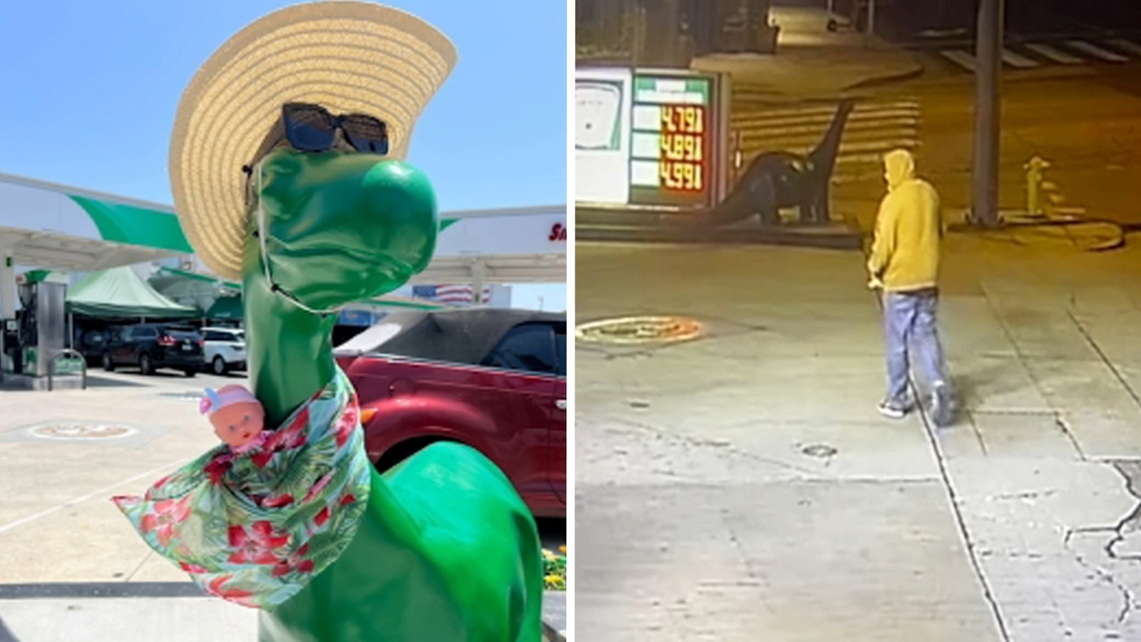 Video shows man stealing beloved Brentwood Sinclair gas station dinosaur Video shows man stealing beloved Brentwood Sinclair gas station dinosaur