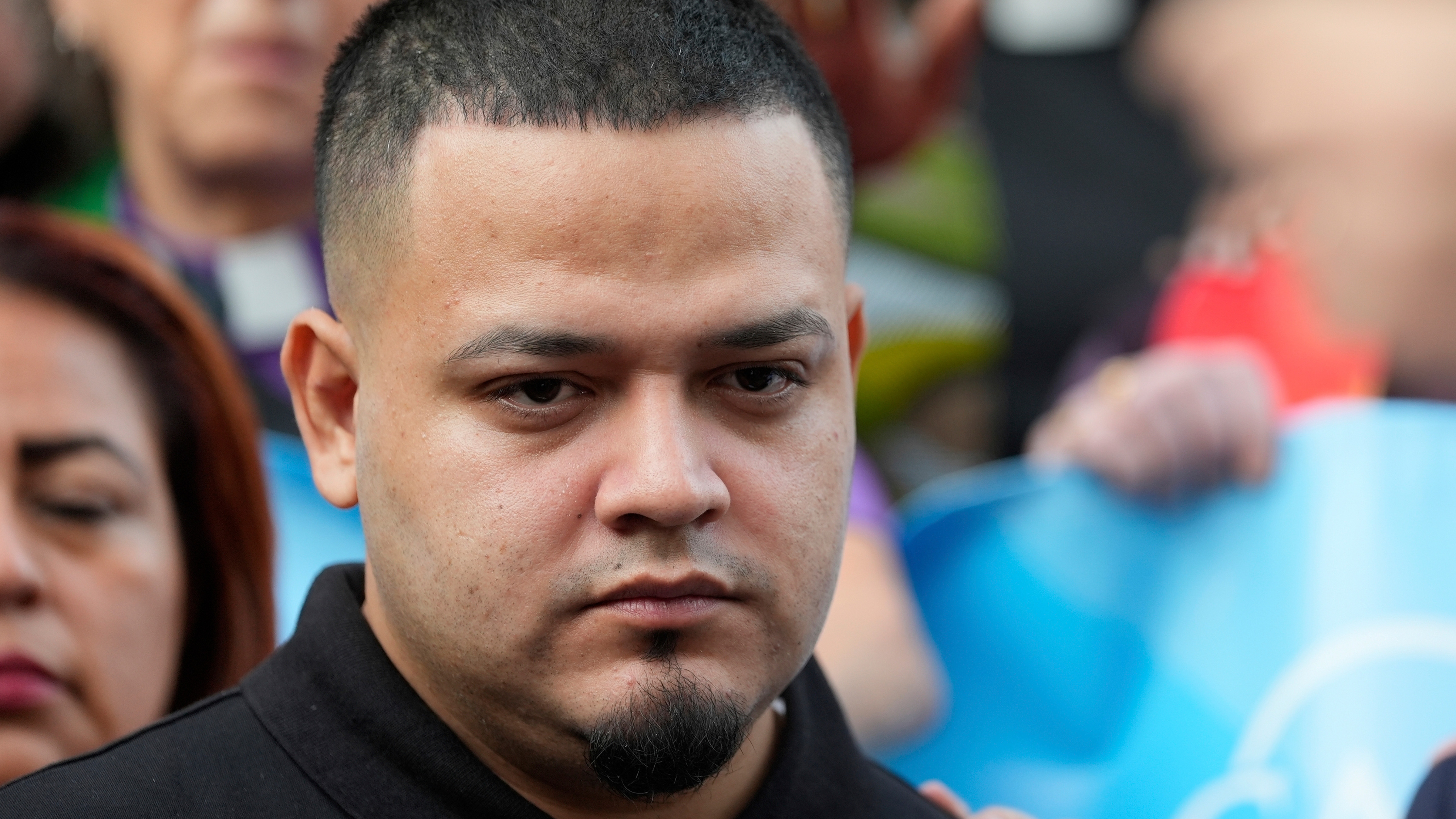 Kilmar Abrego Garcia joins supporters in a protest rally outside the Immigration and Customs Enforcement field office in Baltimore, Aug. 25, 2025. 