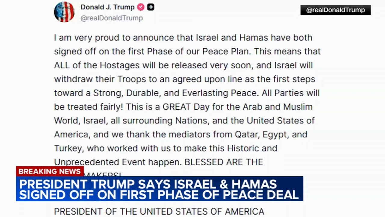 Trump: Israel and Hamas agree to 'first phase' of peace plan