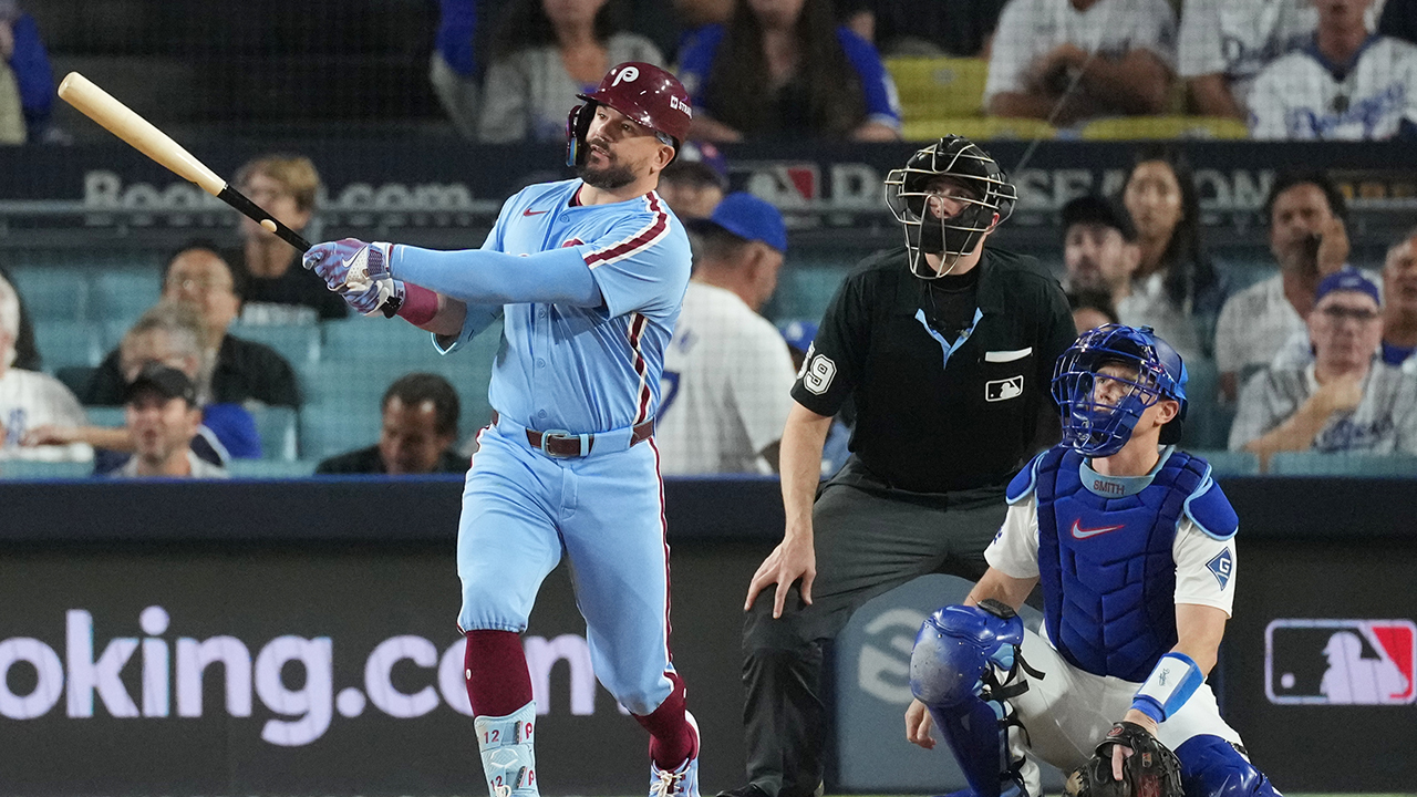 Philadelphia Phillies' Kyle Schwarber follows his solo home run off Los Angeles Dodgers pitcher Yoshinobu Yamamoto during the fourth inning in Game 3 of the NLDS, Wednesday, Oct. 8