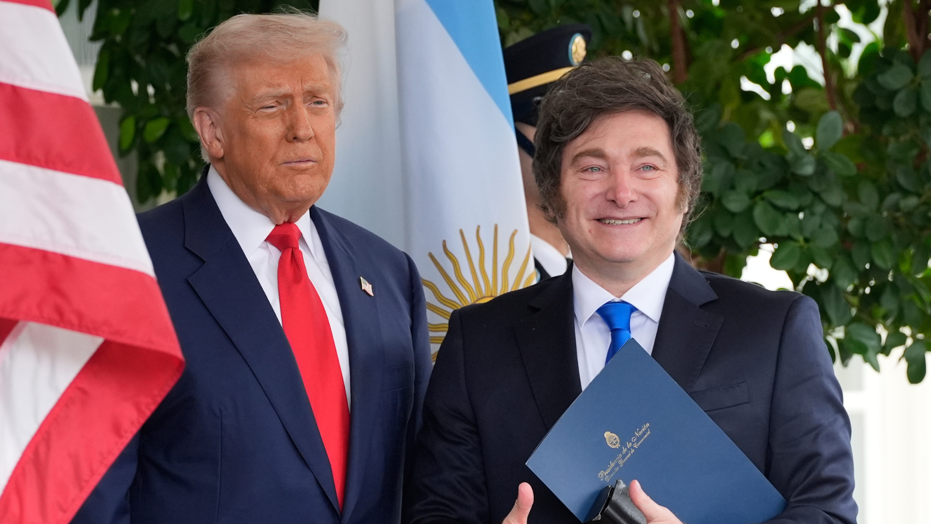 President Donald Trump greets Argentina's President Javier Milei at the White House, Tuesday, Oct. 14, 2025, in Washington.