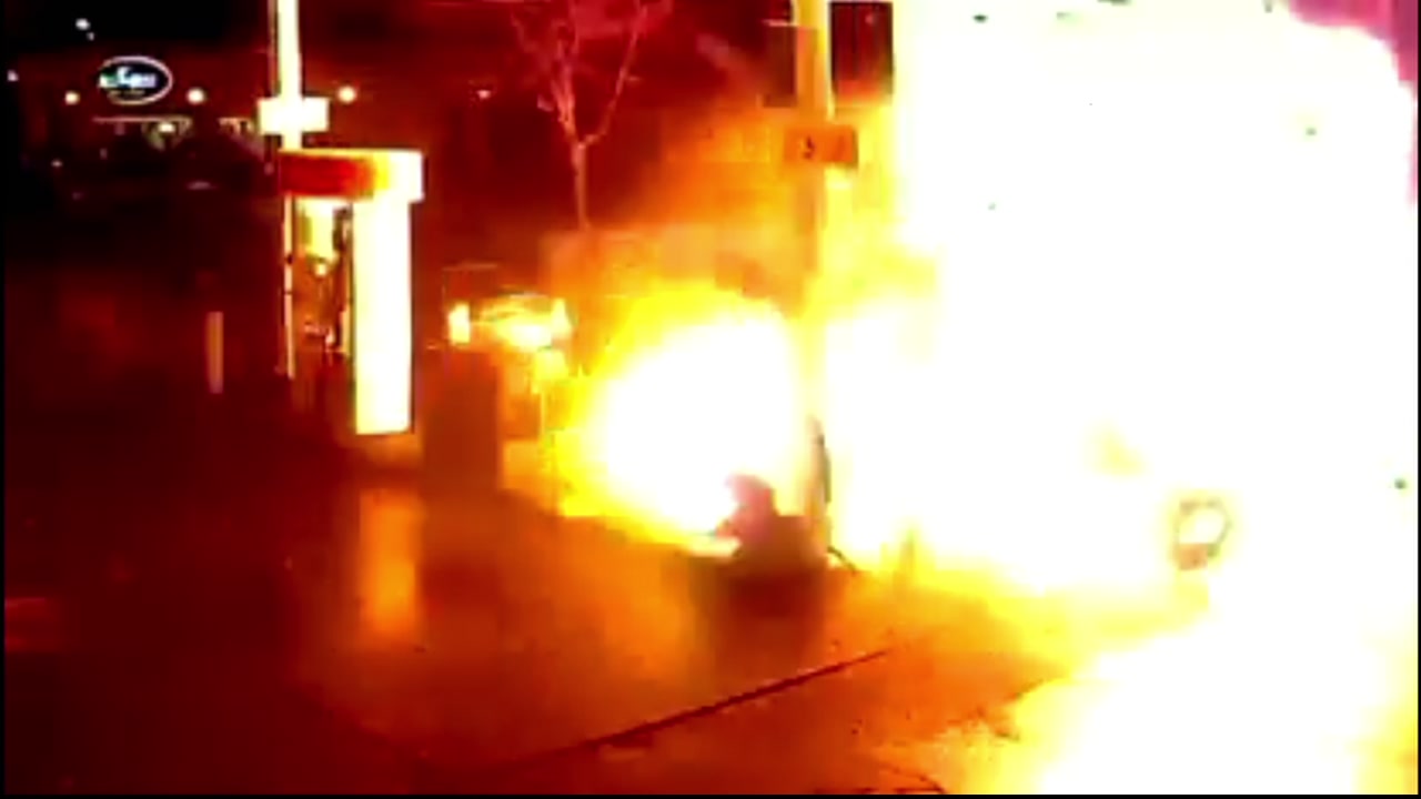 VIDEO: Gas pump bursts into flames after being hit by SUV in