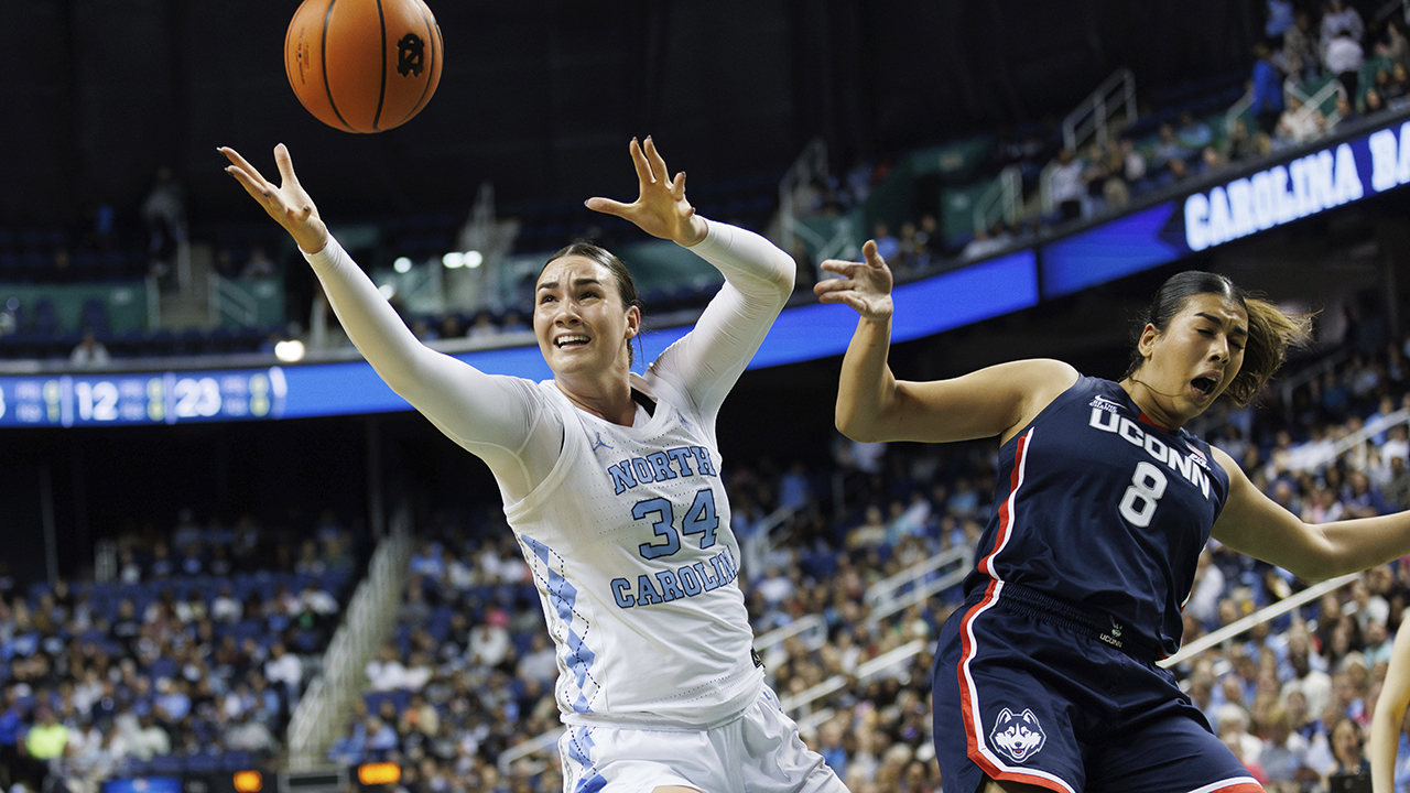 Blanca Thomas battles for a rebound against UConn's Jana El Alfy during a game on Nov. 15, 2024, in Greensboro.