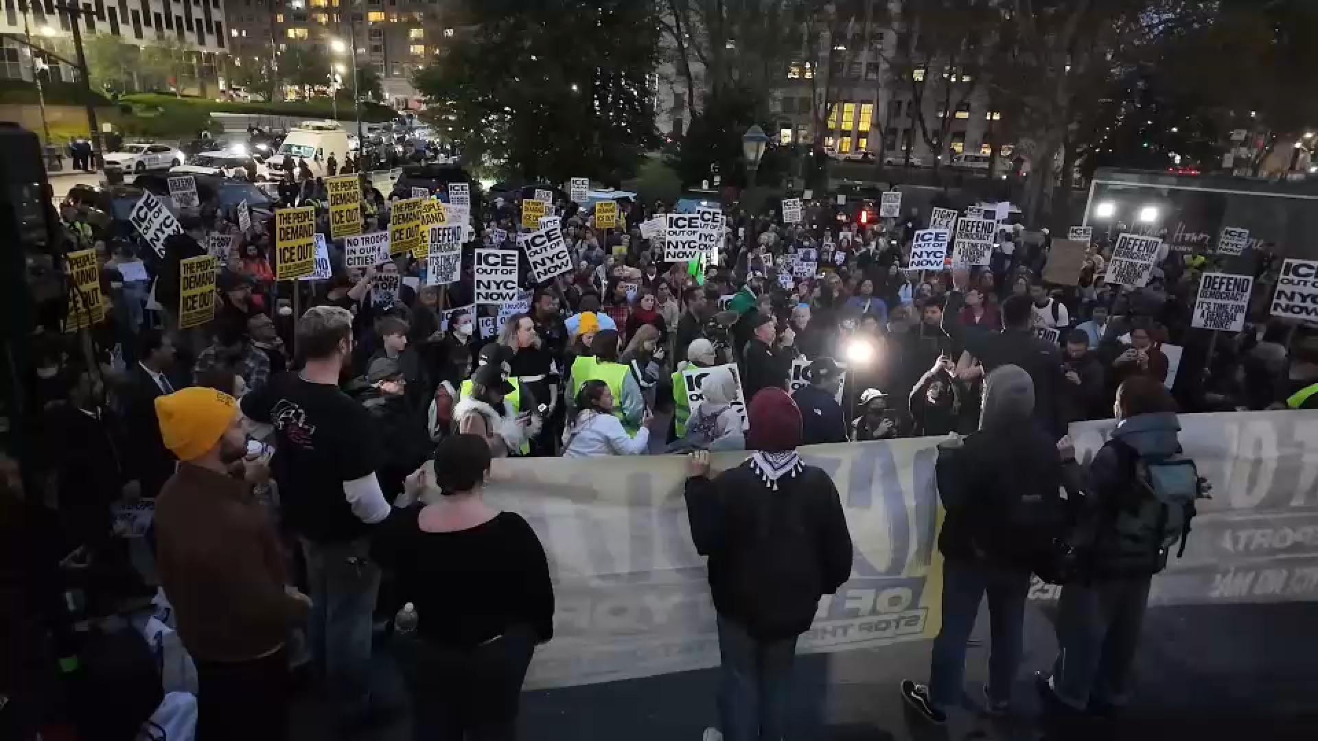 Protesters march in Lower Manhattan in response to ICE raids in NYC