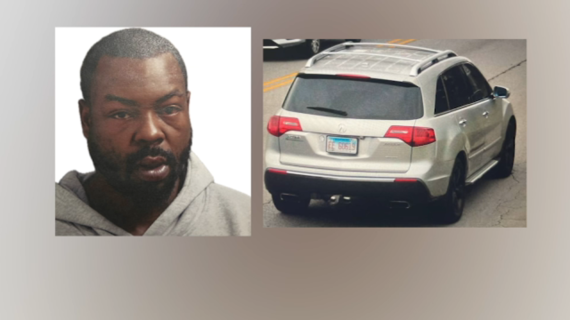 Police said 29-year-old Austin Bell (left) took a silver 2010 Acura MDX with an Illinois license plate reading FE 60619 (right). Four kids were inside.
