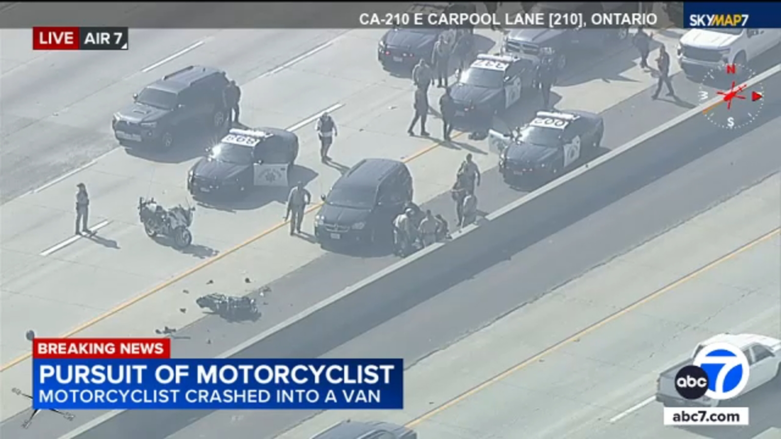 Motorcycle chase ends in violent crash on 210 Freeway in Upland, all eastbound lanes shutdown