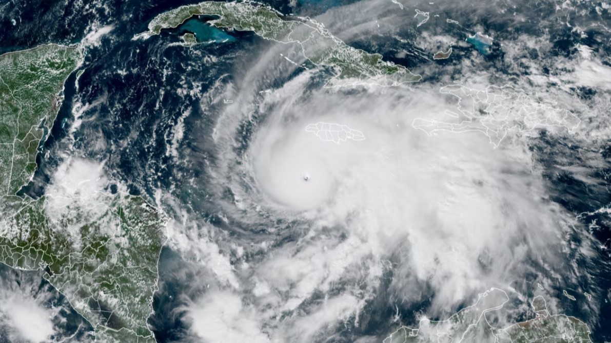 Hurricane Melissa roars in the Caribbean Sea on the morning of October 27.