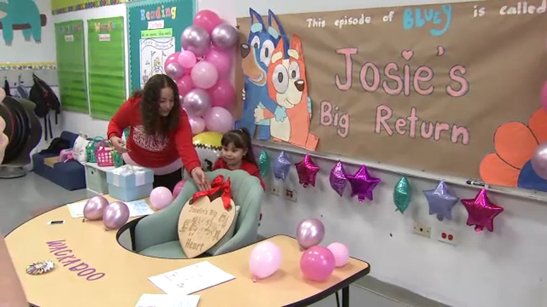 Joselin's teacher surprised her with a "Bluey" themed classroom dubbed "Josie's Big Return."