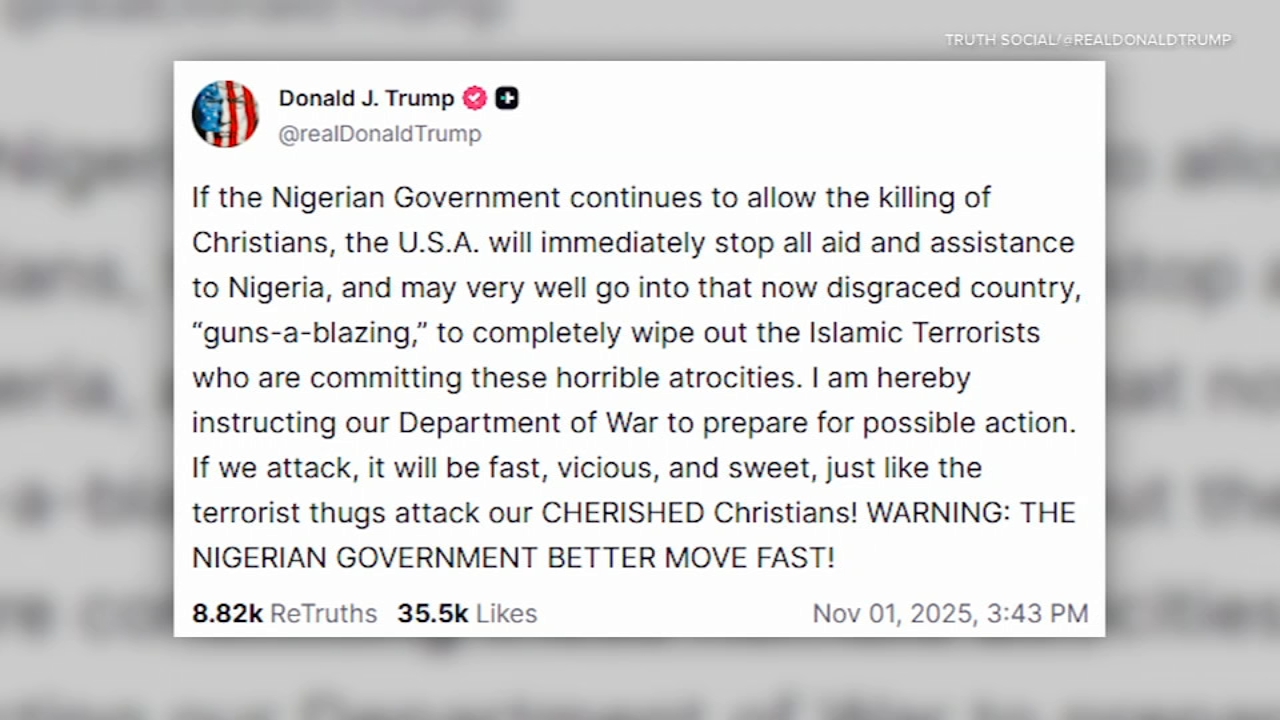 Trump threatens US military action in Nigeria over claims of 'killing of Christians'