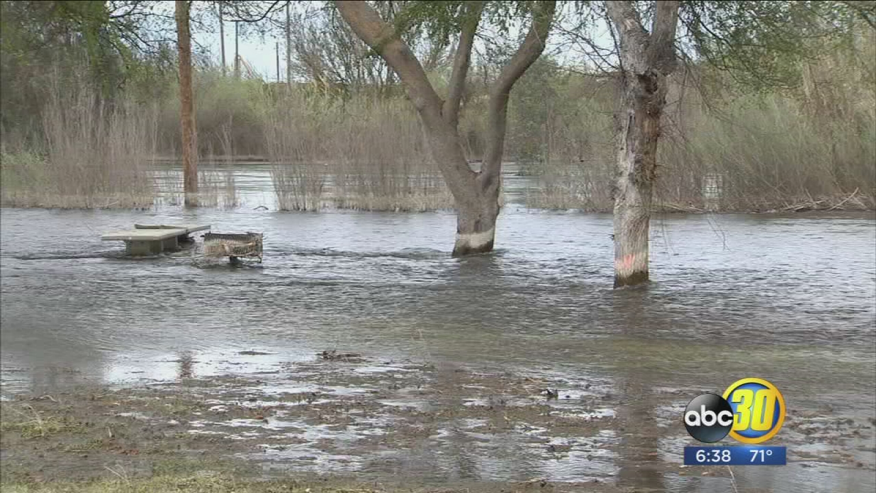 San Joaquin River flowing fast after heavy rain this winter and melting snow
