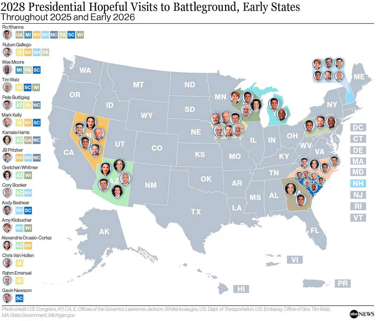 2028 Presidential Hopeful Visits to Battleground, Early States, Throughout 2025 and Early 2026