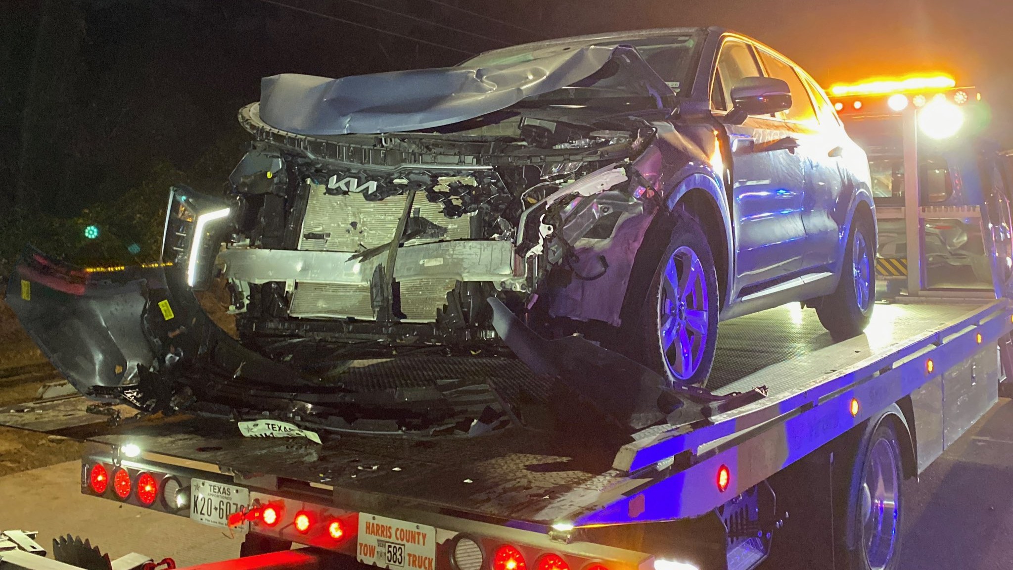 The car of a suspected drunk driver is mangled after it crashed with a Harris County Sheriff's Office vehicle in the Humble area.