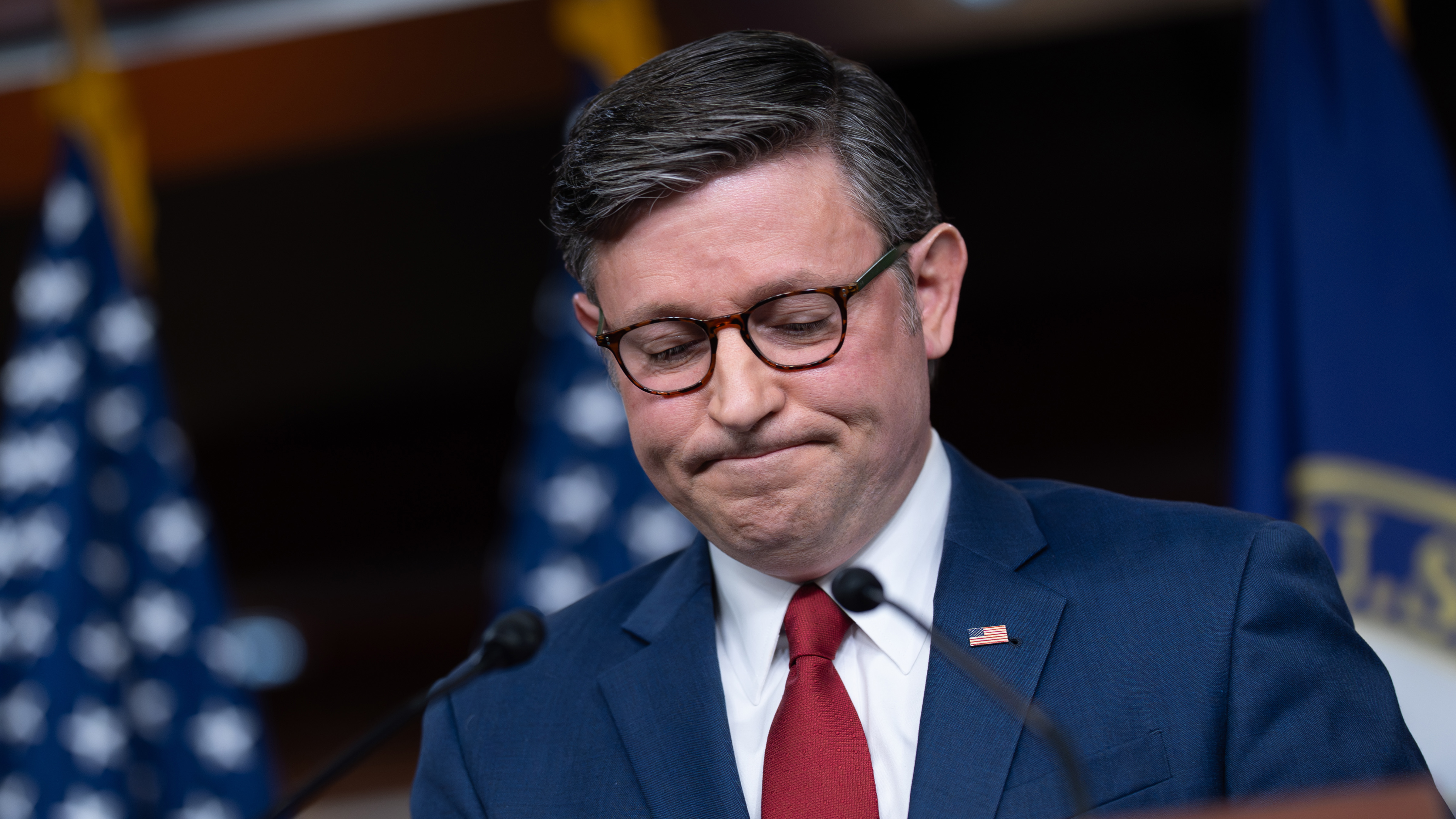 Speaker of the House Mike Johnson, R-La., makes a statement to reporters without taking questions Monday, Nov. 10, 2025.