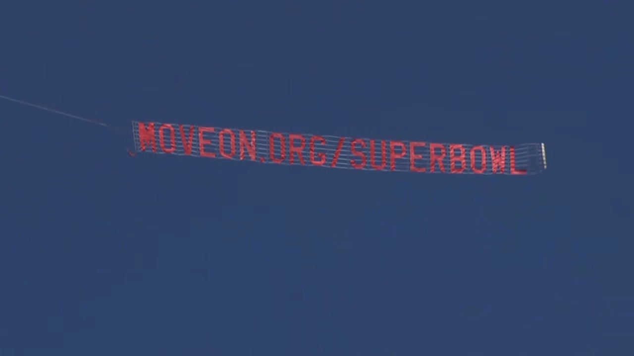 Anti-ICE banner flew over site of 2026 Super Bowl, video shows