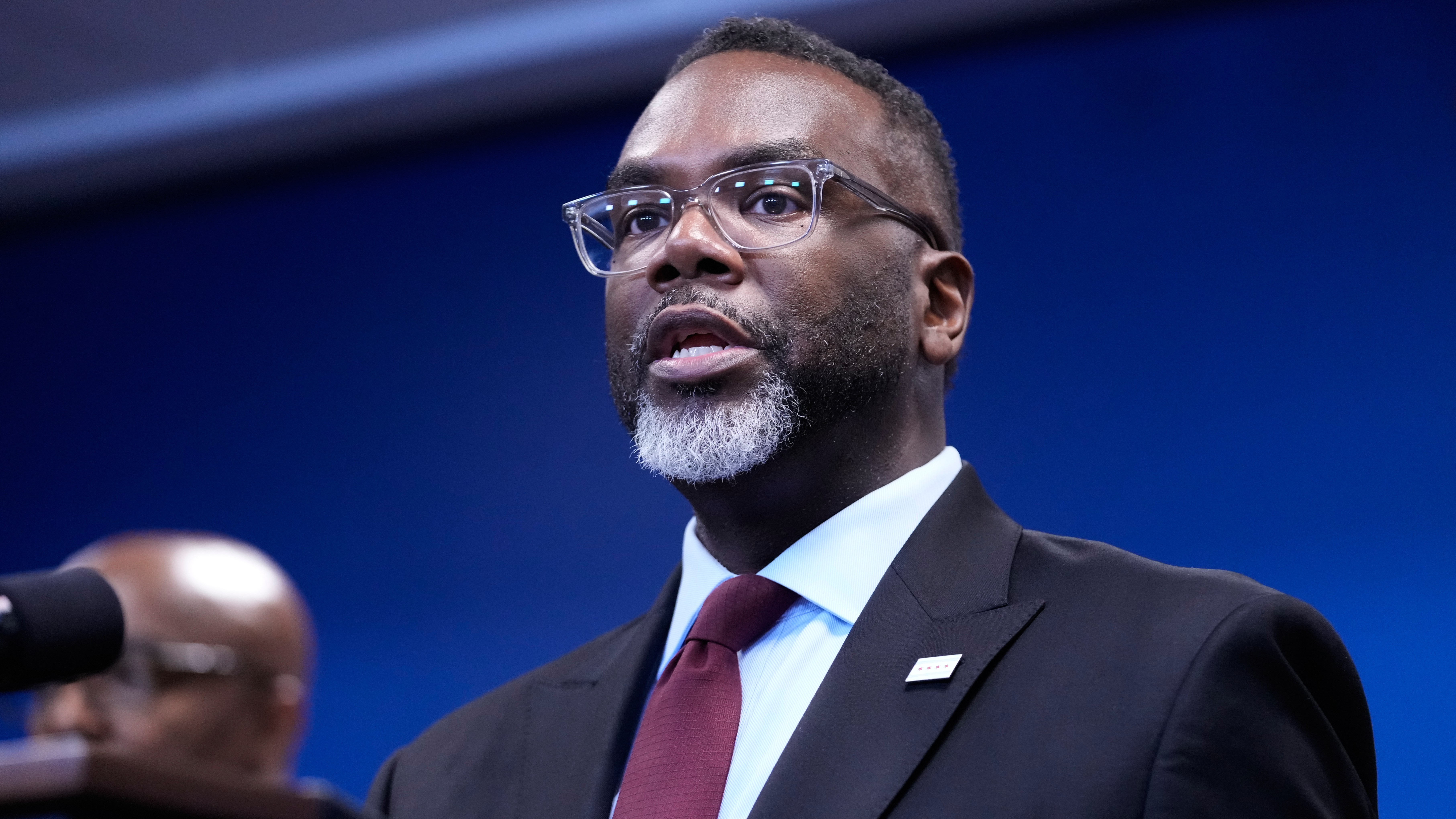 Chicago Mayor Brandon Johnson talks to media at a news conference in Chicago, Monday, Oct. 6, 2025.