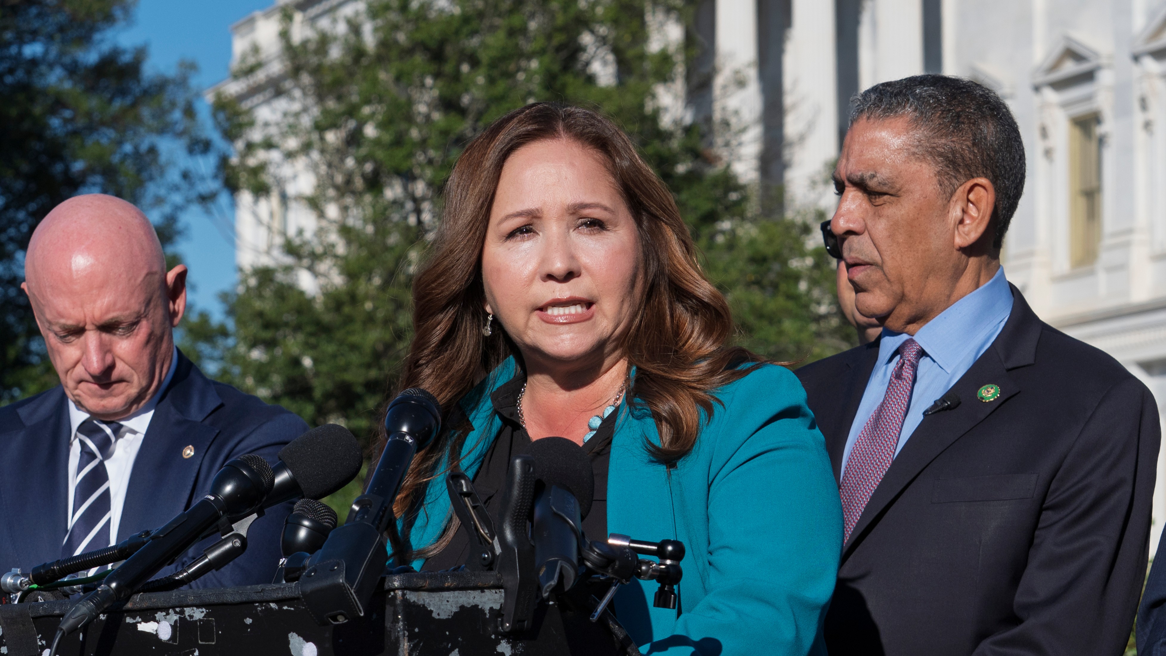 FILE - Rep.-elect Adelita Grijalva, D-Ariz., speaks at the Capitol in Washington, Oct. 15, 2025.