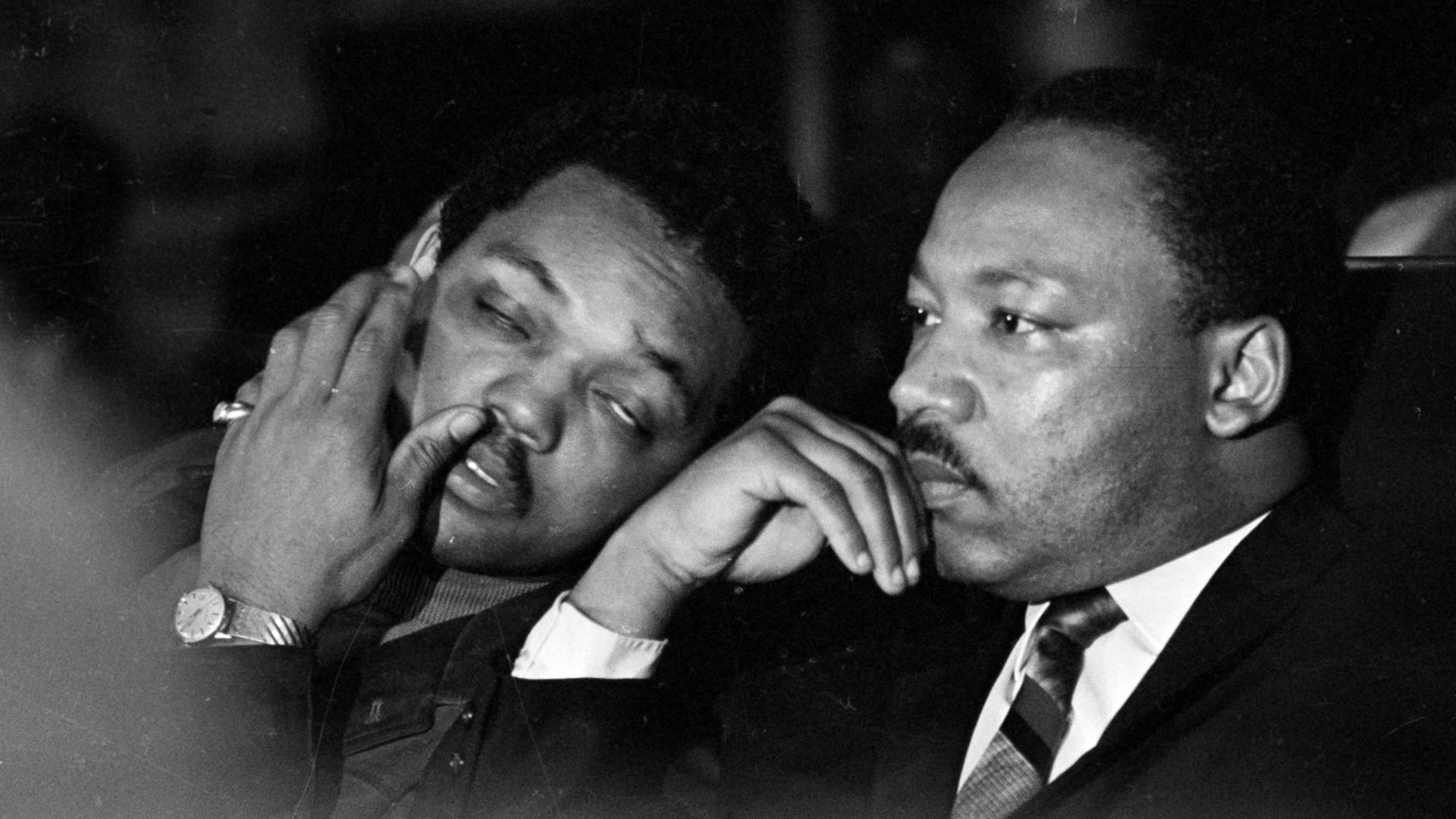 Dr. Martin Luther King, Jr. is seen here with Rev. Jesse Jackson, left, just prior to his final public appearance to address striking Memphis sanitation workers on April 4, 1968.