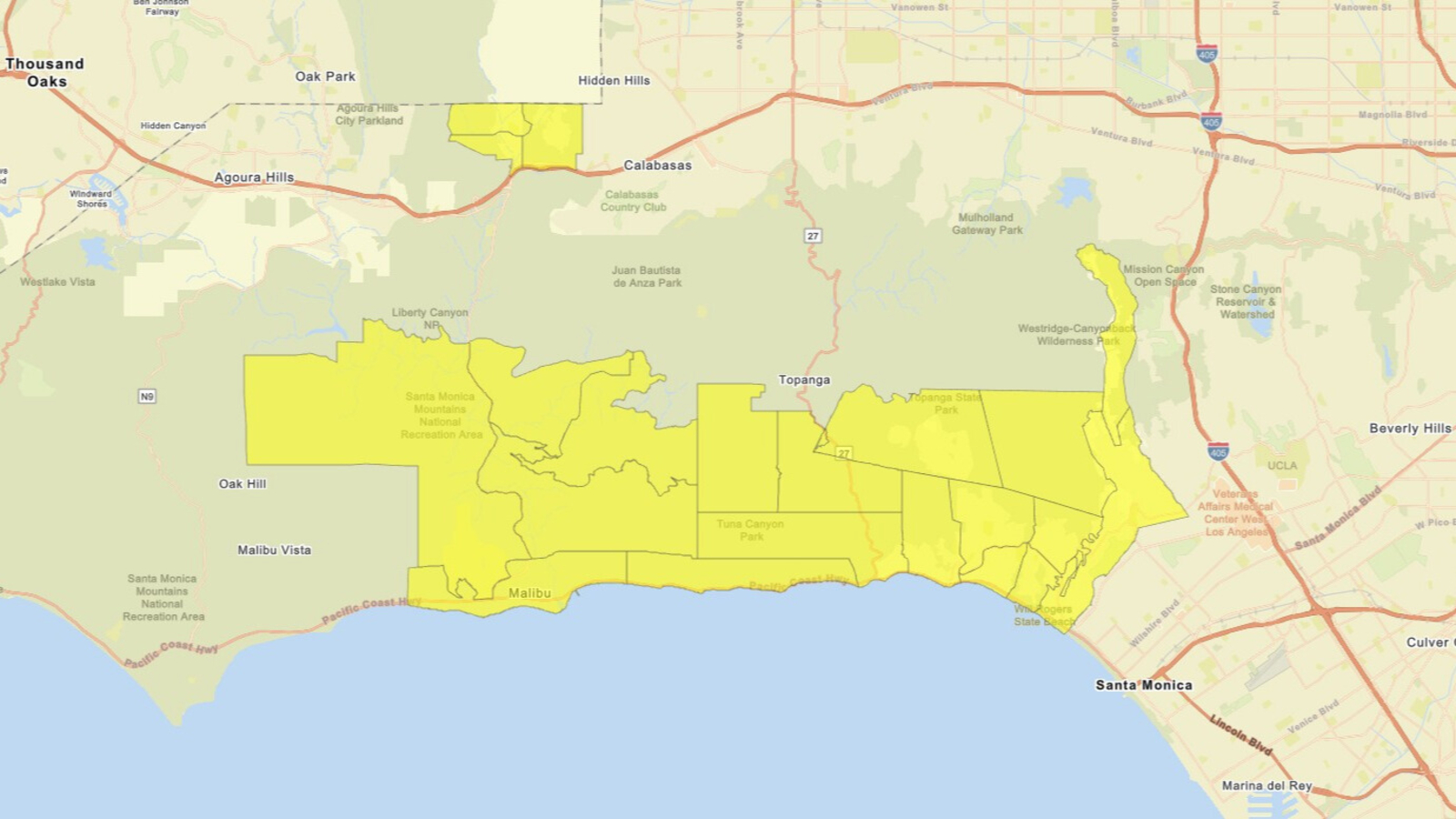 Map shows SoCal burn zones under evacuation warnings