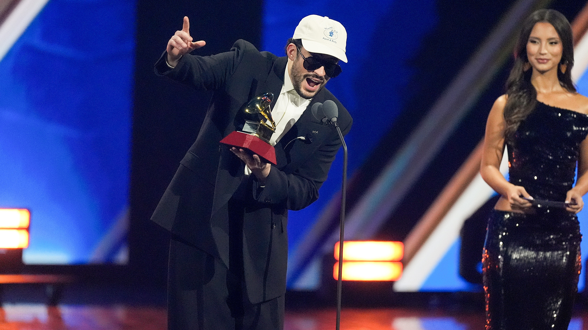 Bad Bunny accepts the award for Album of the Year during the 2025 Latin Grammys on Thursday, Nov. 13, 2025, at MGM Grand in Las Vegas. (AP Photo/Chris Pizzello)