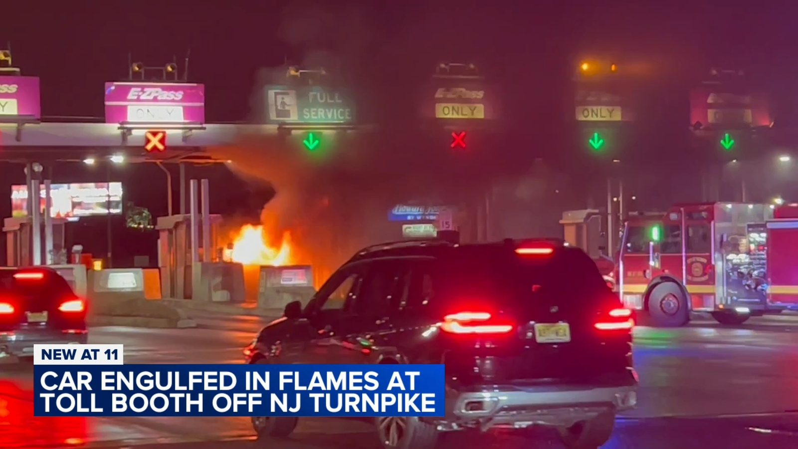 Car engulfs in flames at tollbooth off NJ Turnpike