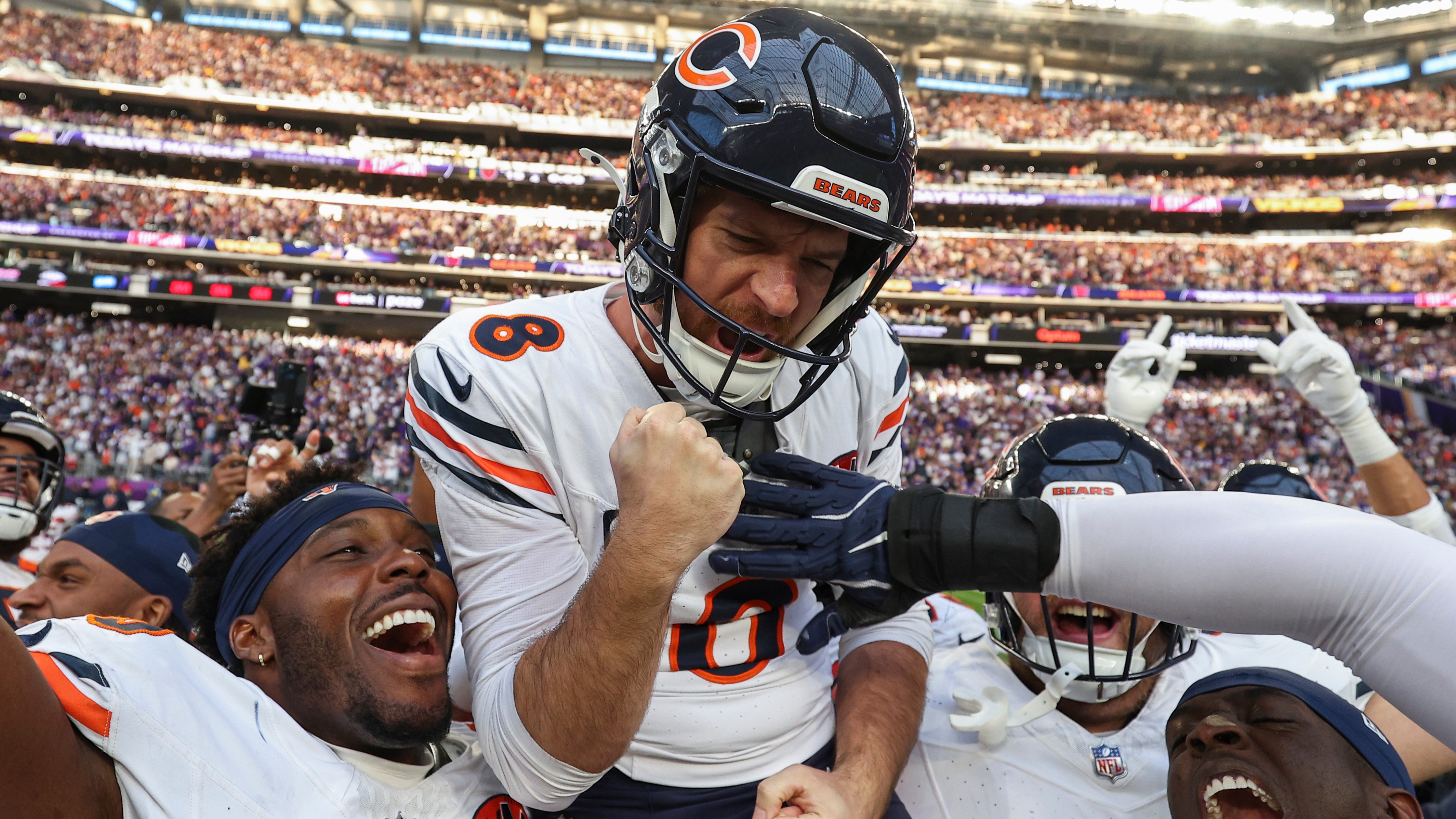 Chicago Bears place kicker Cairo Santos celebrates after kicking the game-winning field goal against the Minnesota Vikings, Sunday, Nov. 16, 2025, in Minneapolis.