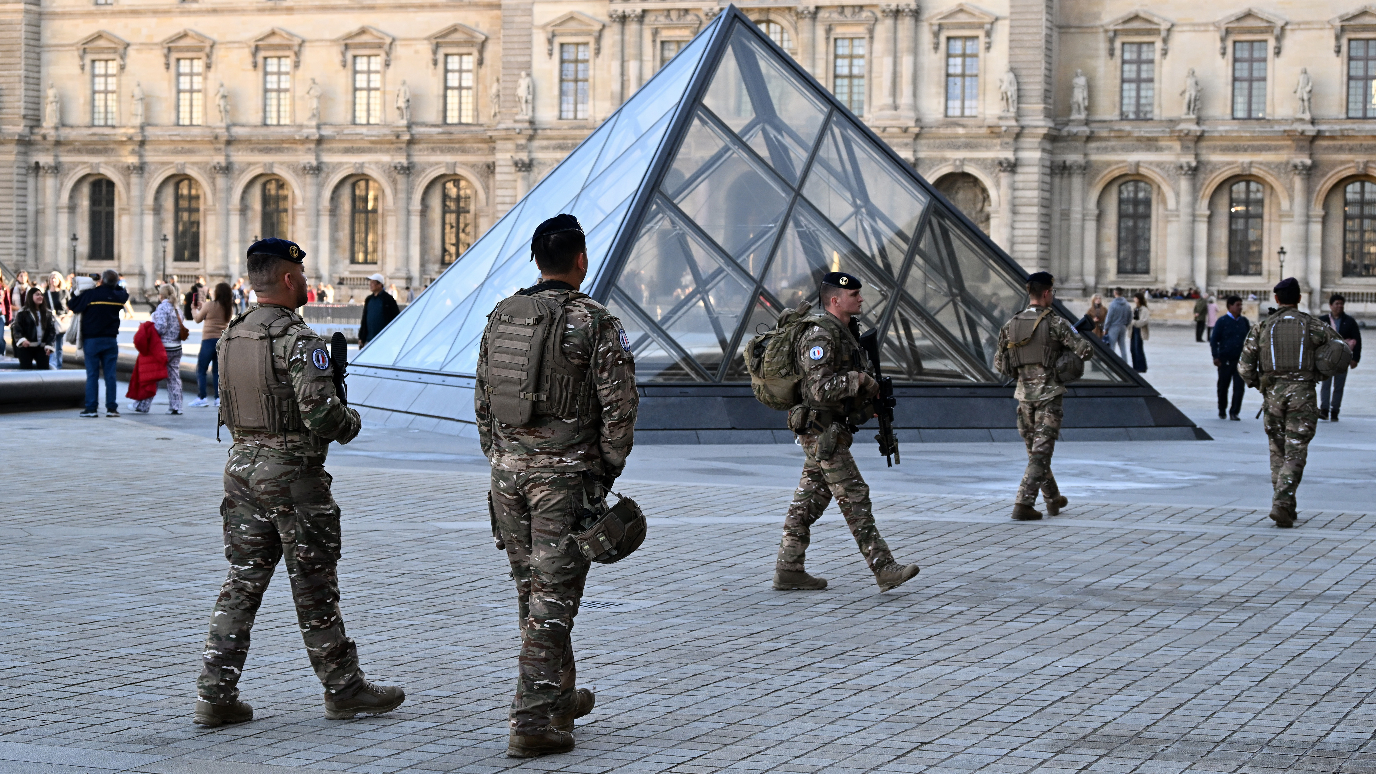 Soldiers patrol in the courtyard of the Louvre museum, Thursday, Oct. 30, 2025 in Paris.