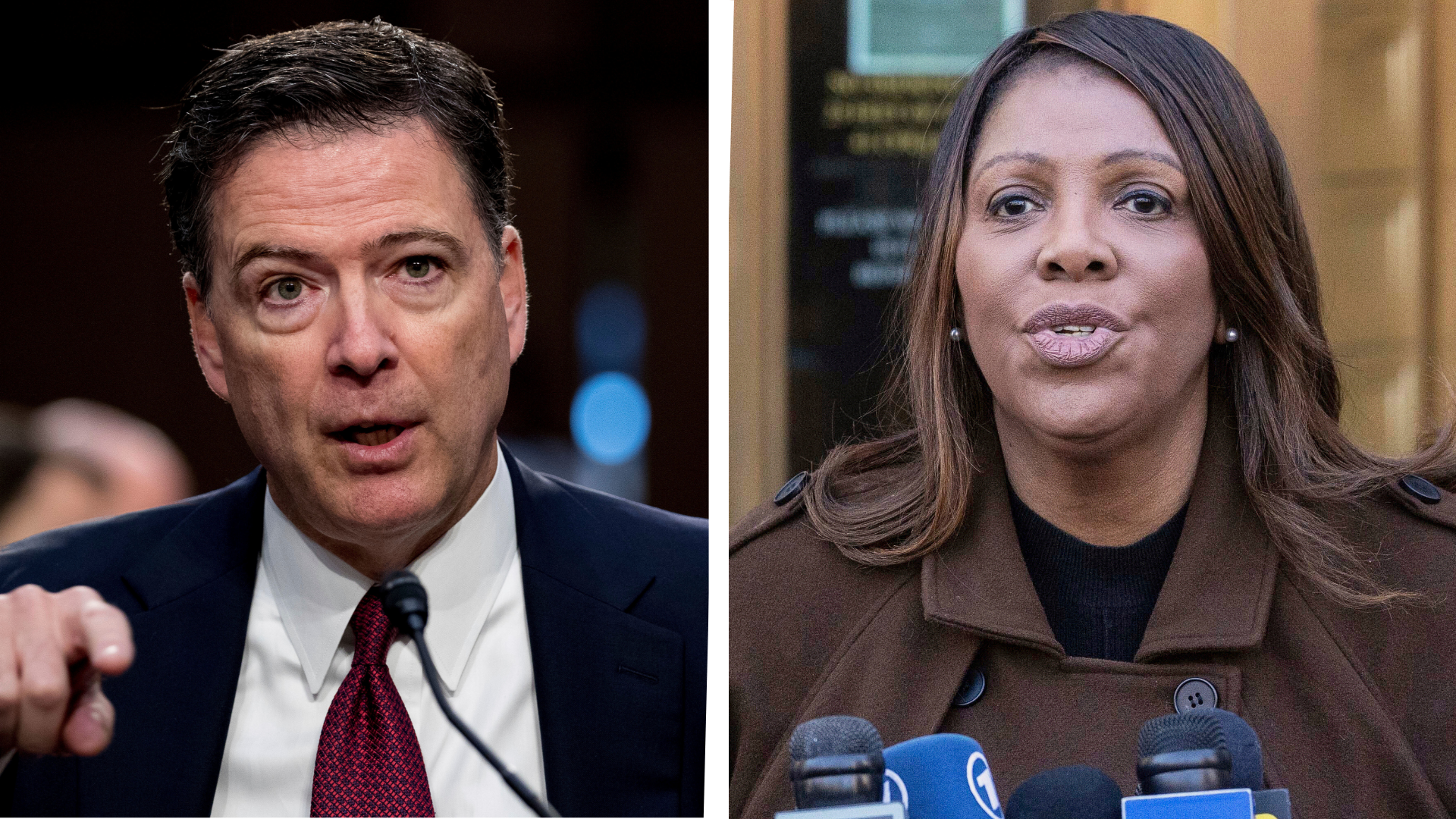 FILE - This split image show former FBI director James Comey in Washington, June 8, 2017, left, and New York Attorney General Letitia James in New York, Feb. 14, 2025, right.