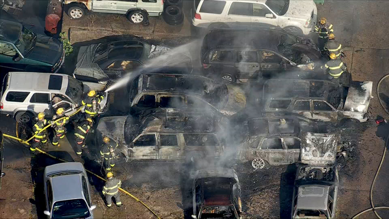 Chopper 6 was over Fox Chase auto body shop after multiple cars catch fire