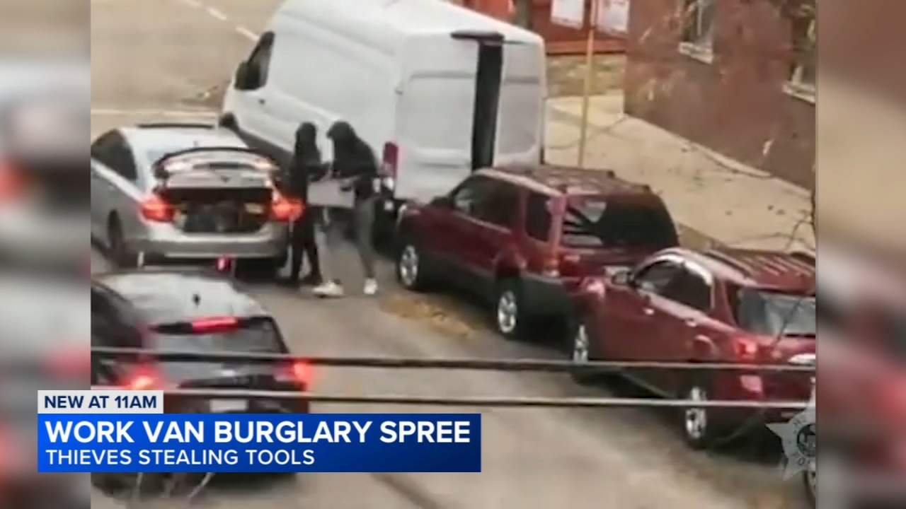 Chicago police issued a warning after a crew was caught on camera breaking into work vans for tools.