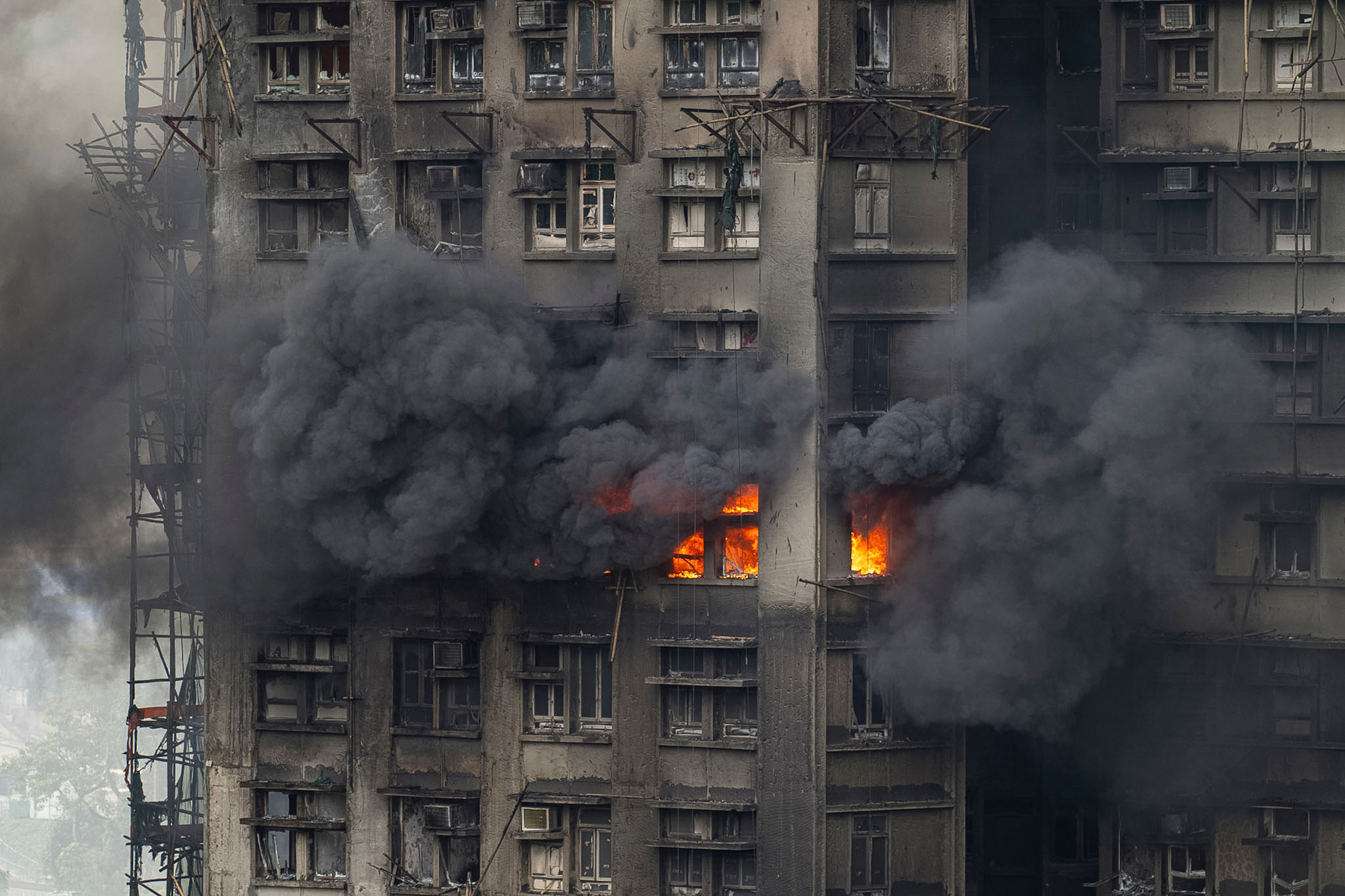 A fire can be seen at Wang Fuk Court, a residential estate in the Tai Po district of Hong Kong's New Territories, Thursday, Nov. 27, 2025.