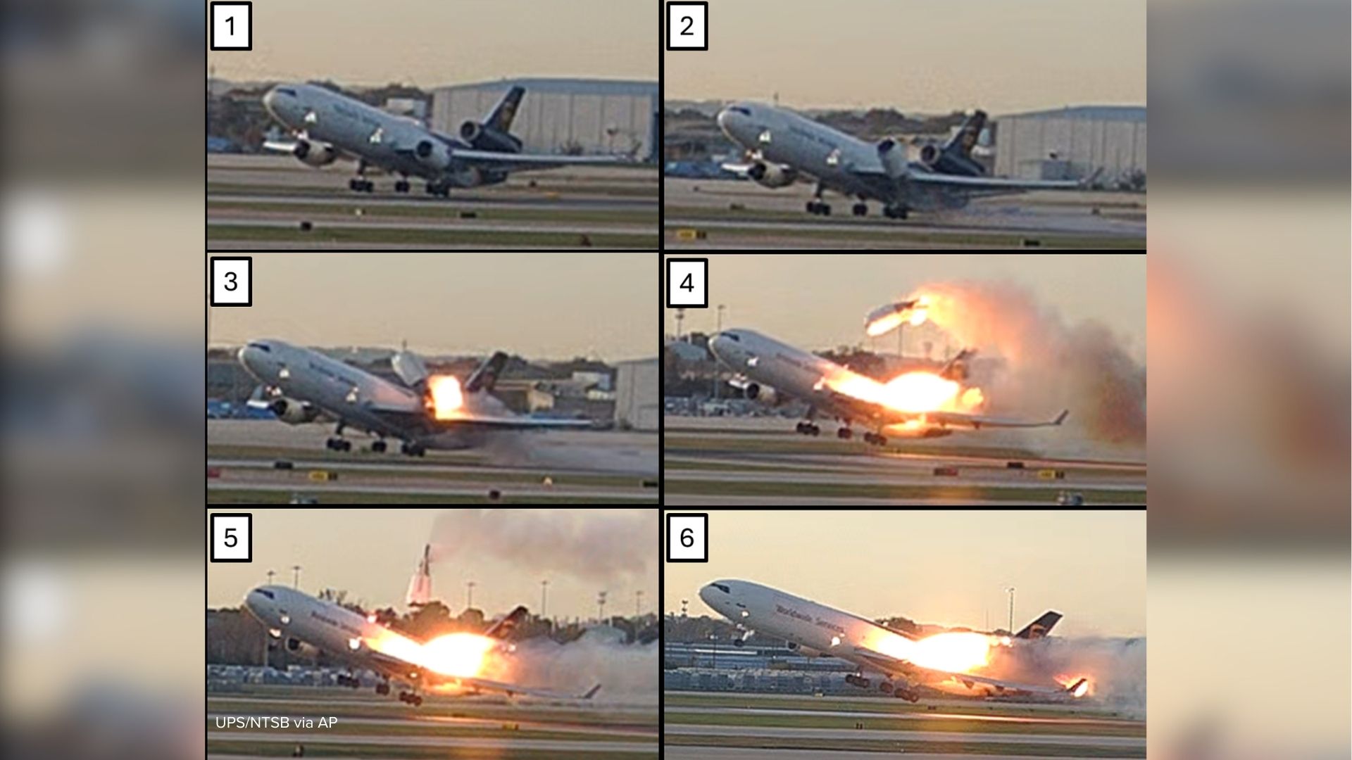 This combination photo provided by the NTSB via UPS shows a sequence where an engine is seen detaching from the plane's left wing upon takeoff in Louisville, Nov. 4, 2025.