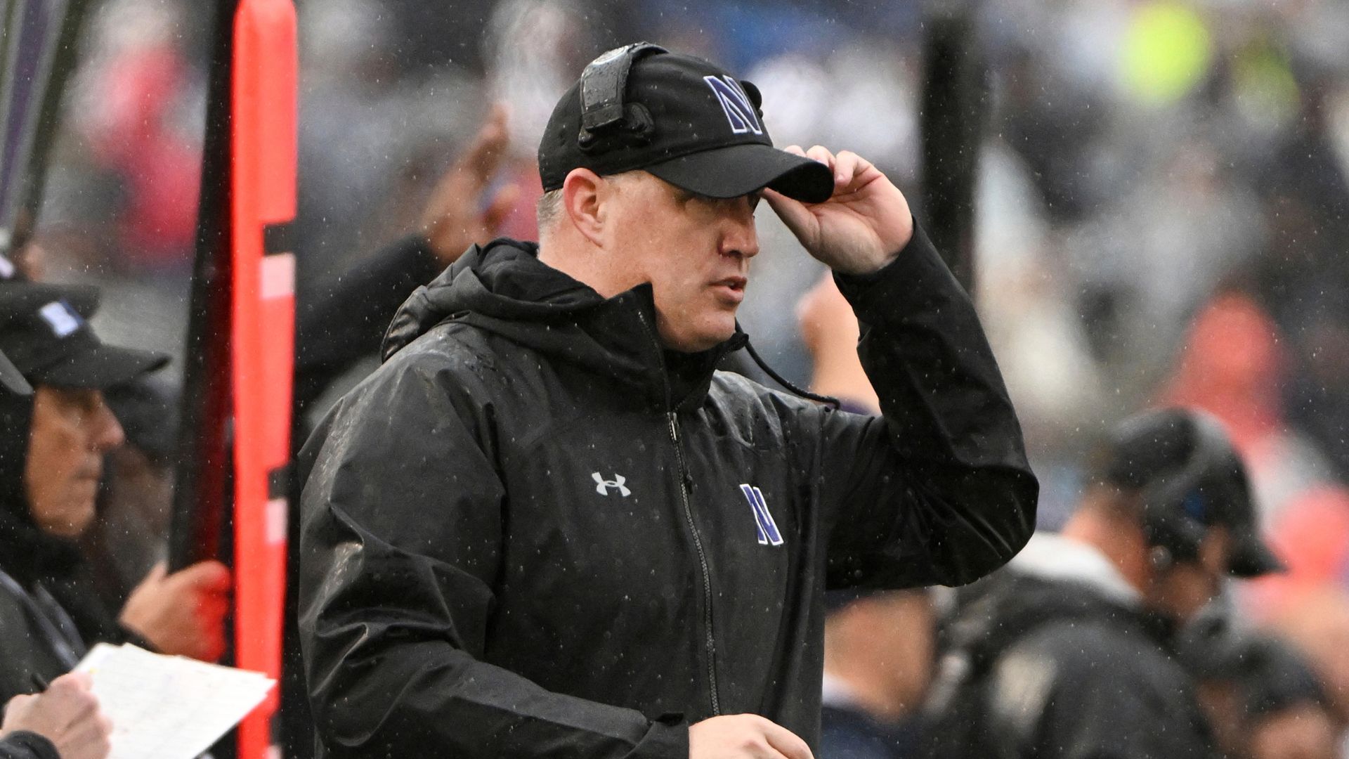 Northwestern coach Pat Fitzgerald stands along the sideline during the first half of the team's NCAA college football game against Penn State, Saturday, Oct. 1, 2022.