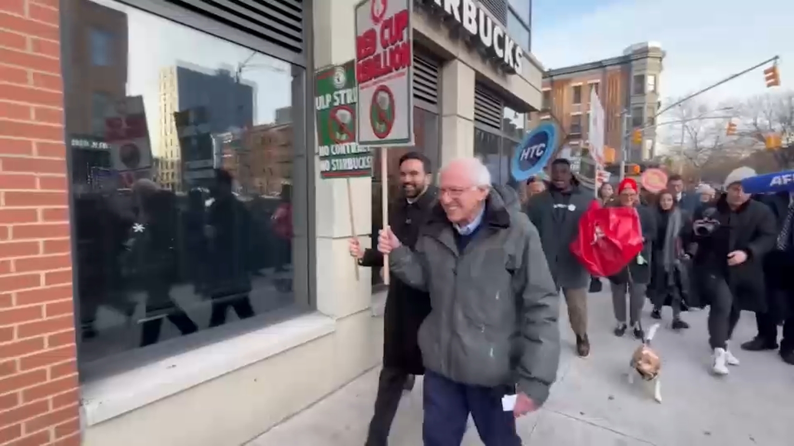 Zohran Mamdani and Bernie Sanders join Starbucks picket line in Brooklyn