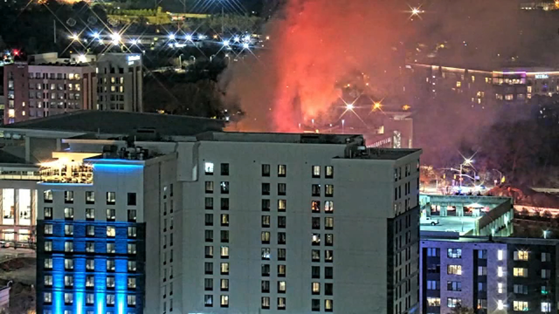 A fire burns in downtown Raleigh on Monday night as seen by the ABC11 Raleigh Sky Cam.
