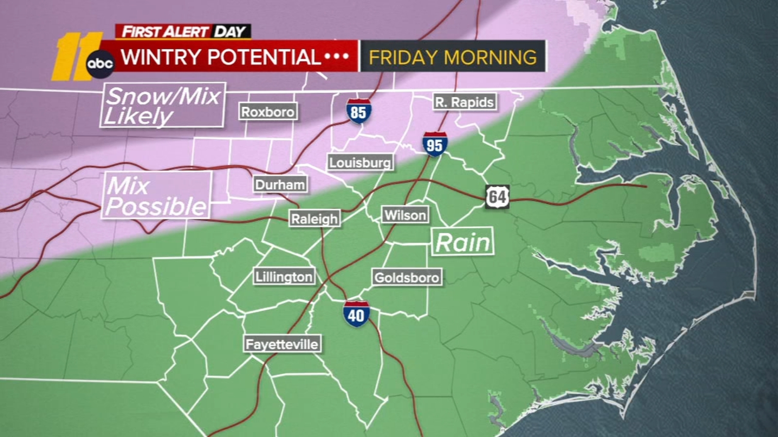 Wintry mix early Friday, mainly north
